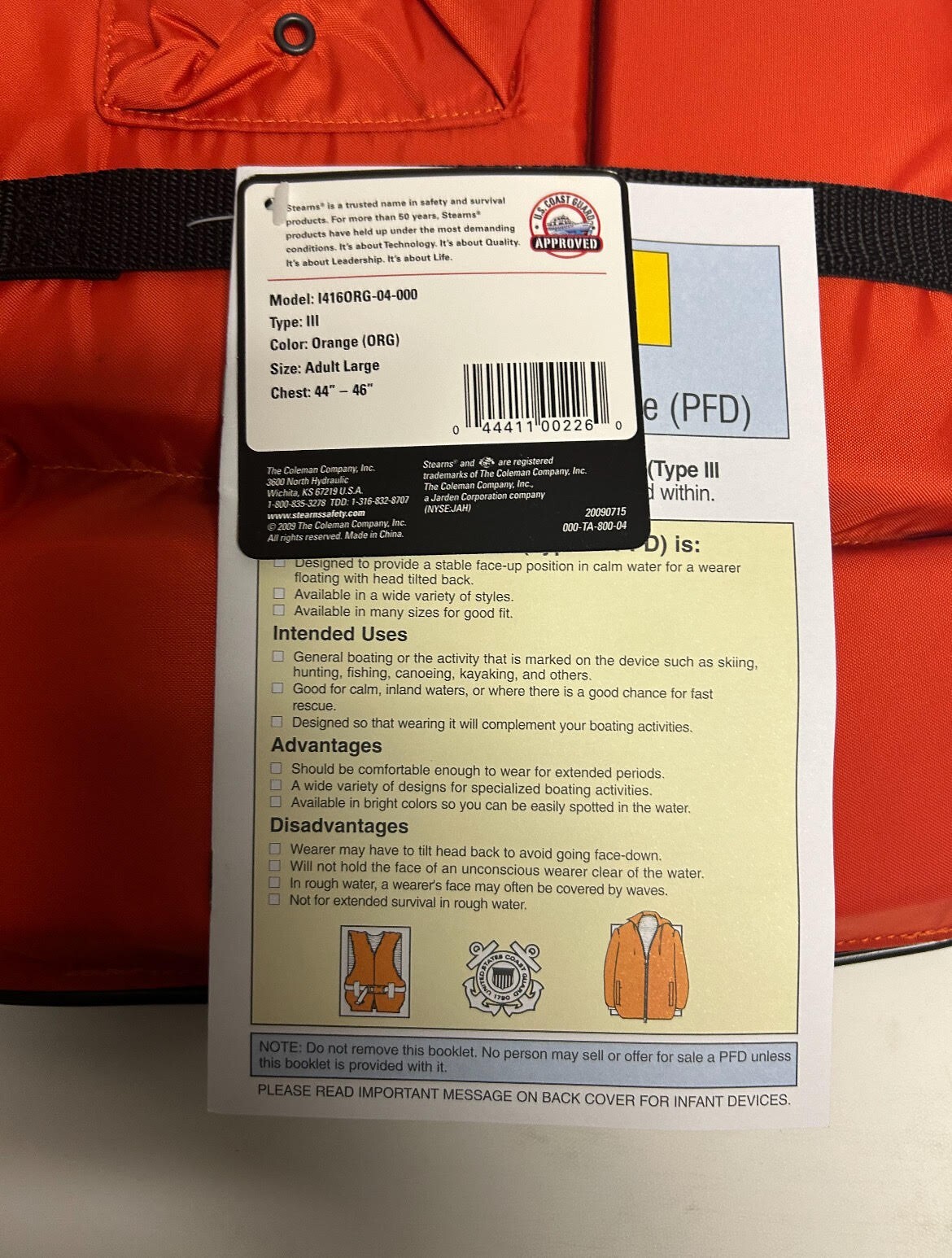 Stearns Life Jacket Model#l416ORG-04-000 TYPE III ADULT LARGE Orange