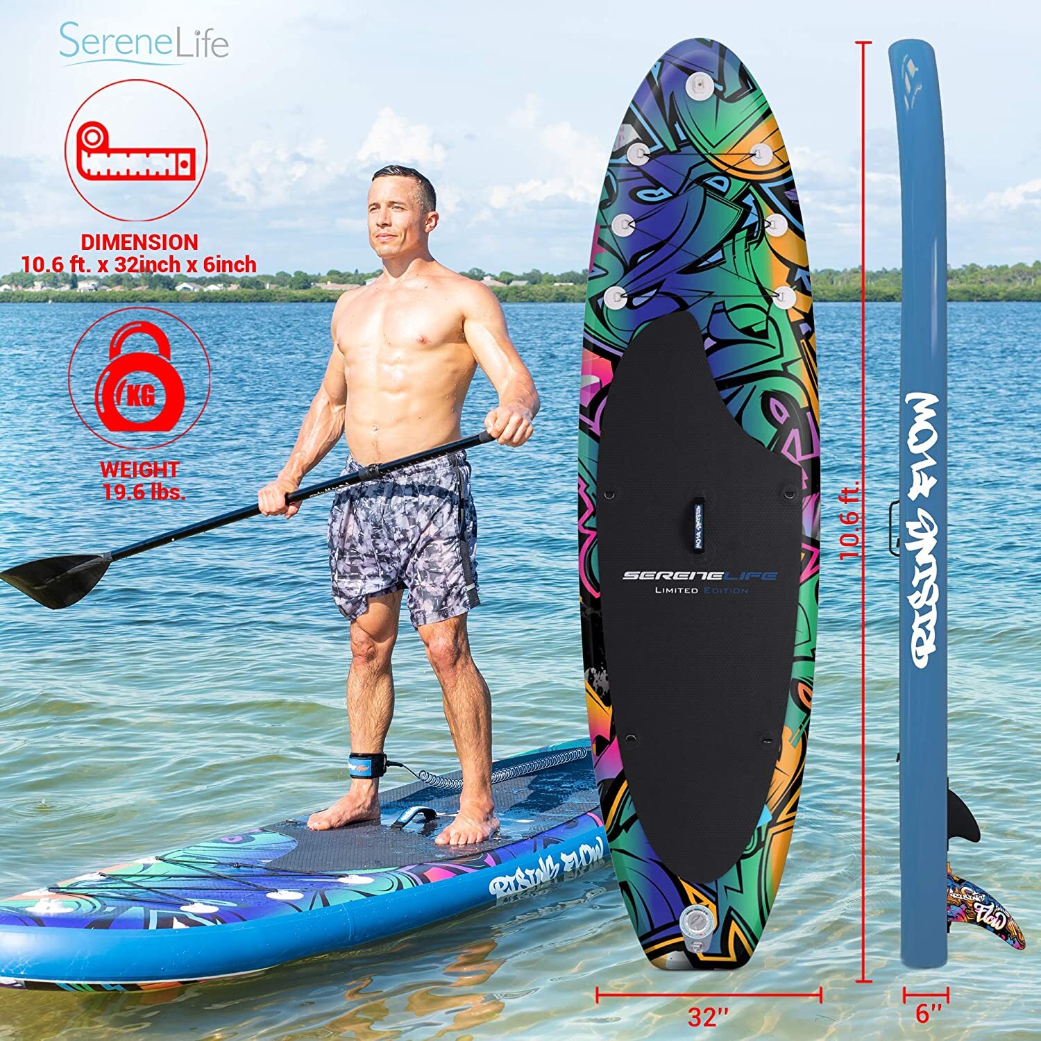 SereneLife Inflatable Stand Up Paddle Board Surf Paddling Wide Stance 6″ Thick