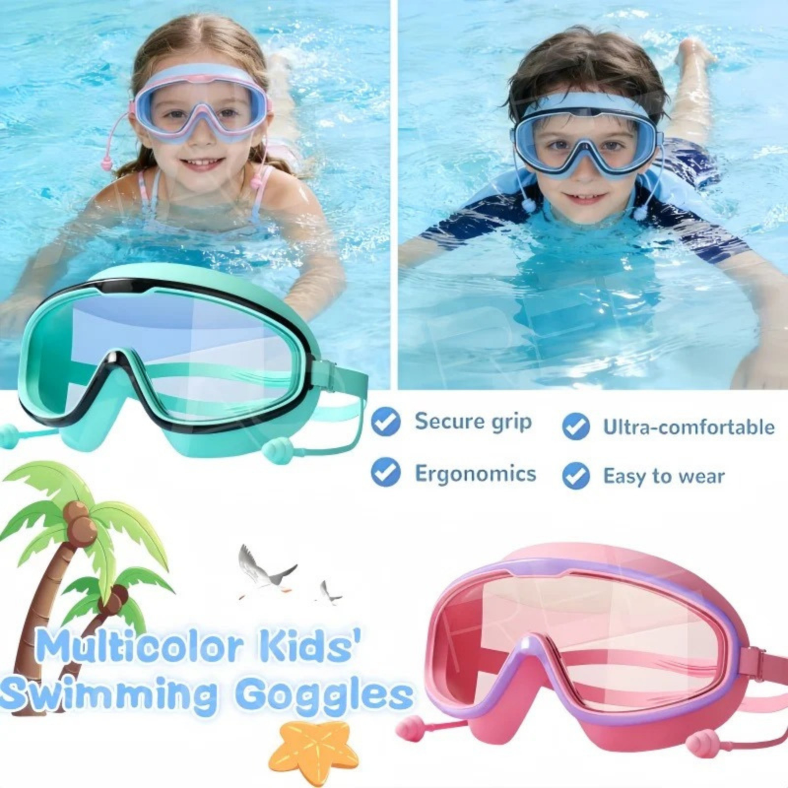 Kids Swimming Goggles Big Frame HD View Anti-fog Waterproof Boys & Girls