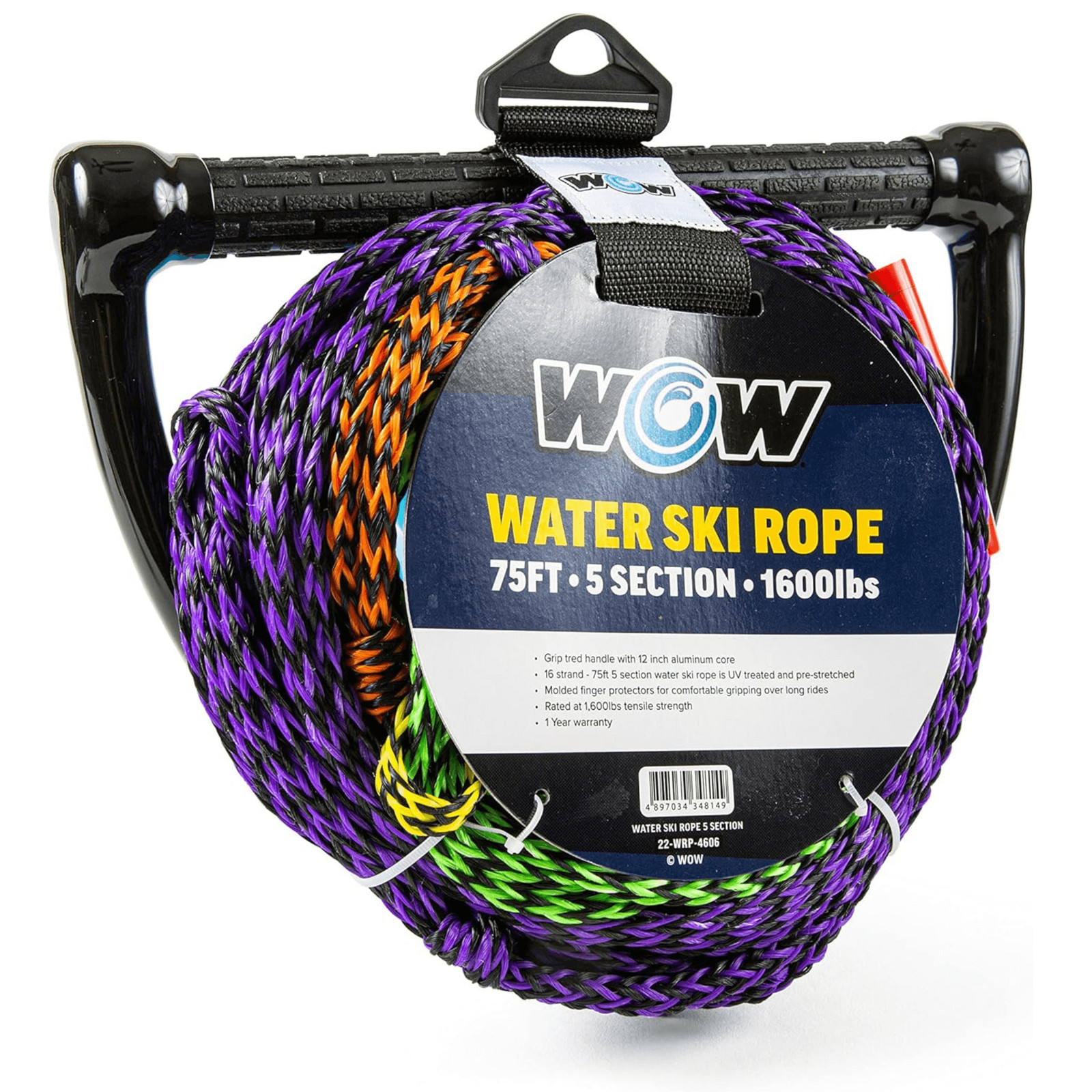 WOW Watersports 75ft 5-Section Pre-Stretched Water Ski Rope, w Finger Protectors