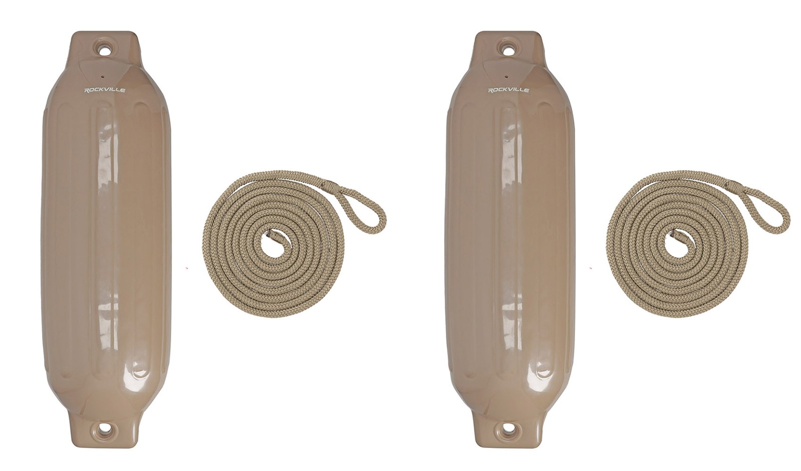 (2) Rockville FEN185-SAND 8.5″ x 27″ Boat Fenders + 10 Foot Line Marine Bumpers