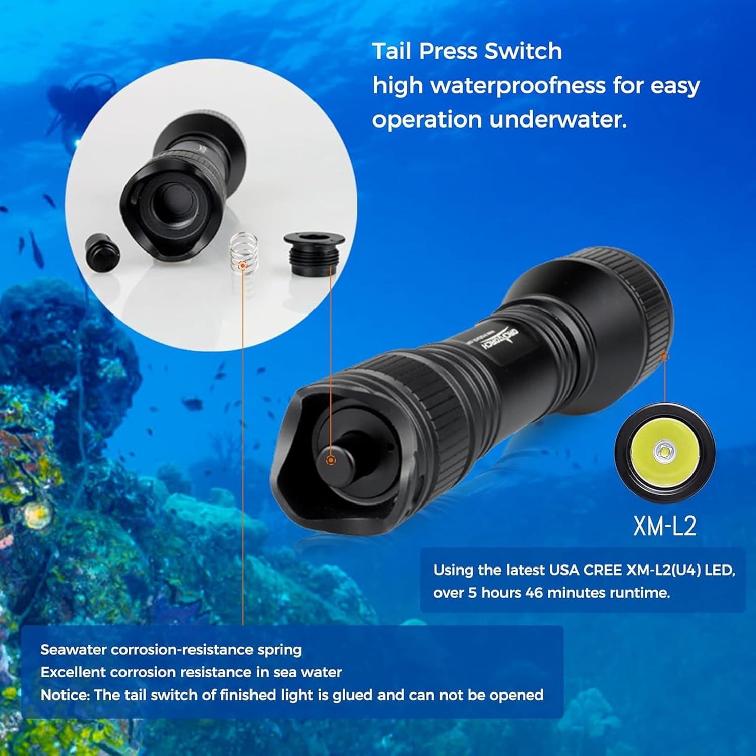 ORCATORCH D550 Dive Light 1000 Lumens Scuba Diving Flashlight 3 Modes IP68 Water