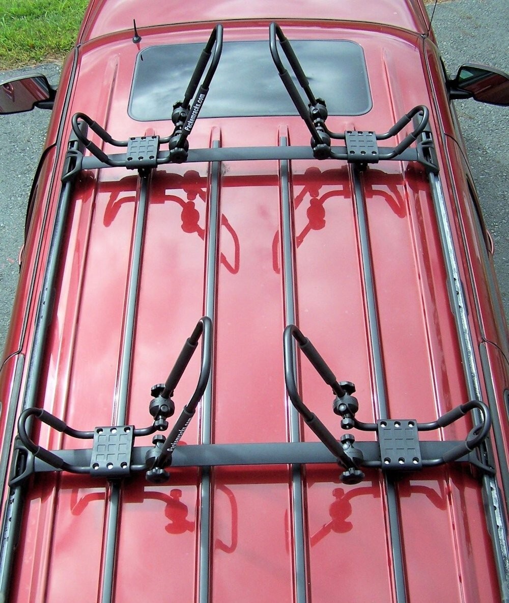 2 Sets Roof Kayak Racks Red, 2 Sets 24″ 36″ 48″ Bungees, 2 Sets Paddle Clips