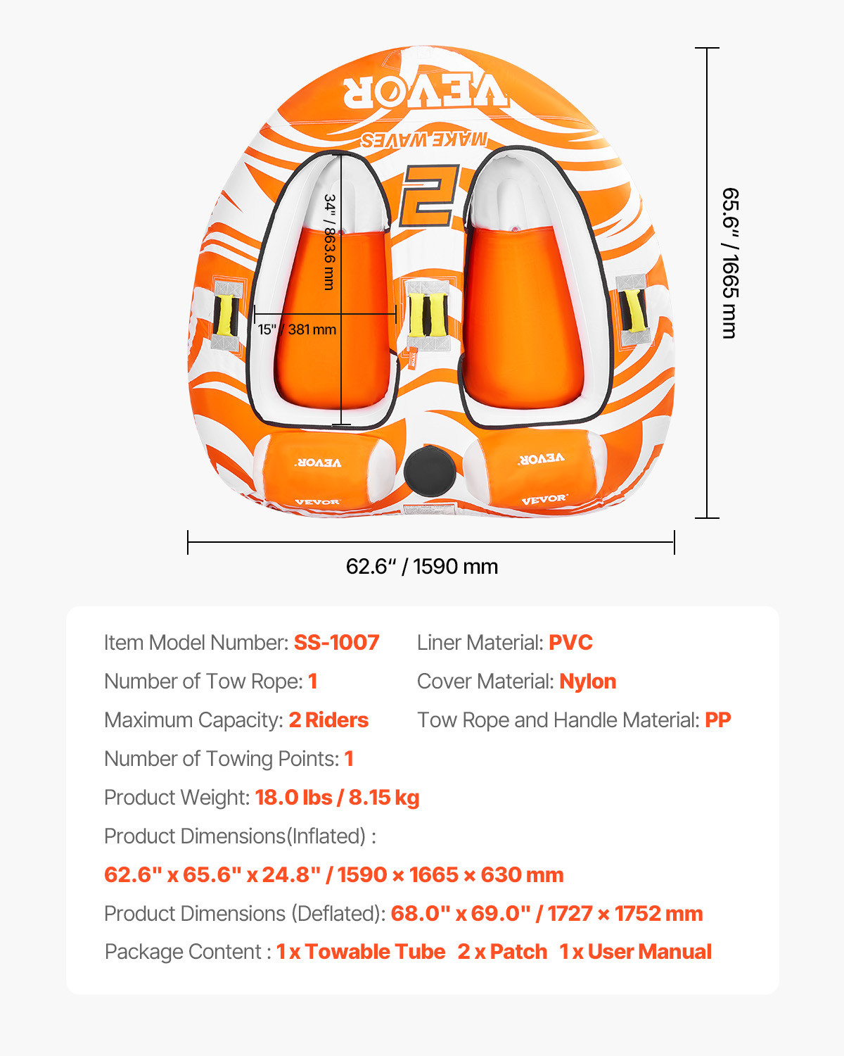 VEVOR Towable Tubes for Boating 2-Person Inflatable Boating with 2 Cockpits
