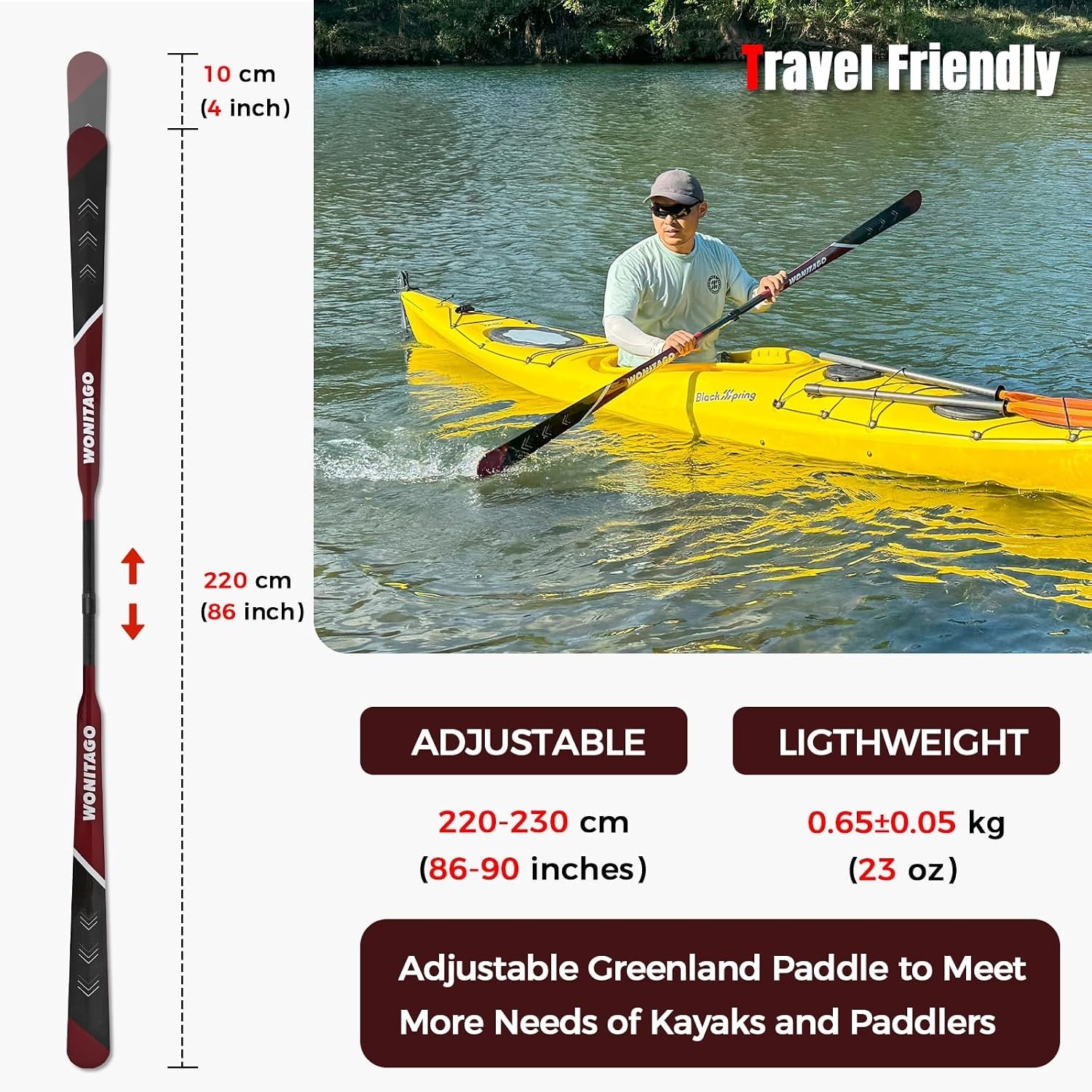 Wonitago Greenland Paddle Full Carbon, Adjustable Greenland Kayak Paddle – New