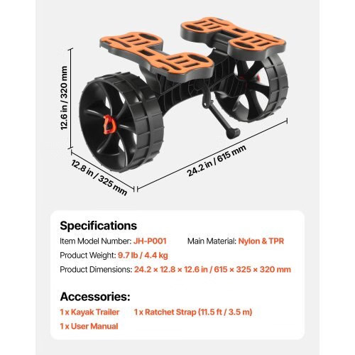 Kayak Cart, 300 lbs Load Capacity, Foldable Kayak Trolley with 10-inch Solid Rub