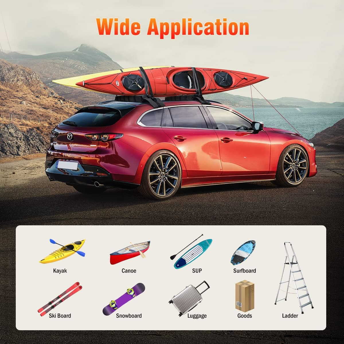 WOOWAVE Kayak Roof Rack Pads Universal Car Soft Roof Rack Carrier