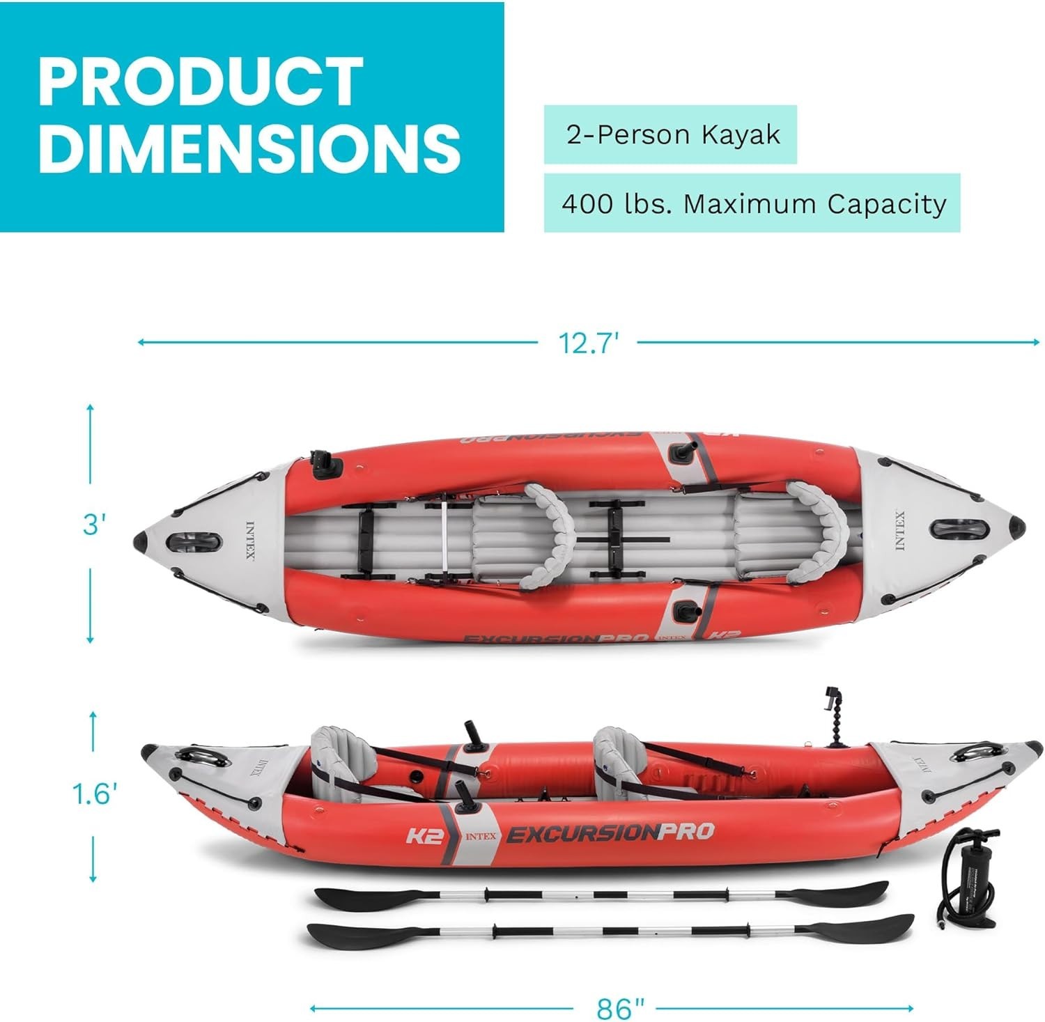 68309EP Excursion Pro K2 Inflatable Kayak Set: Includes Deluxe 86in Kayak Paddle