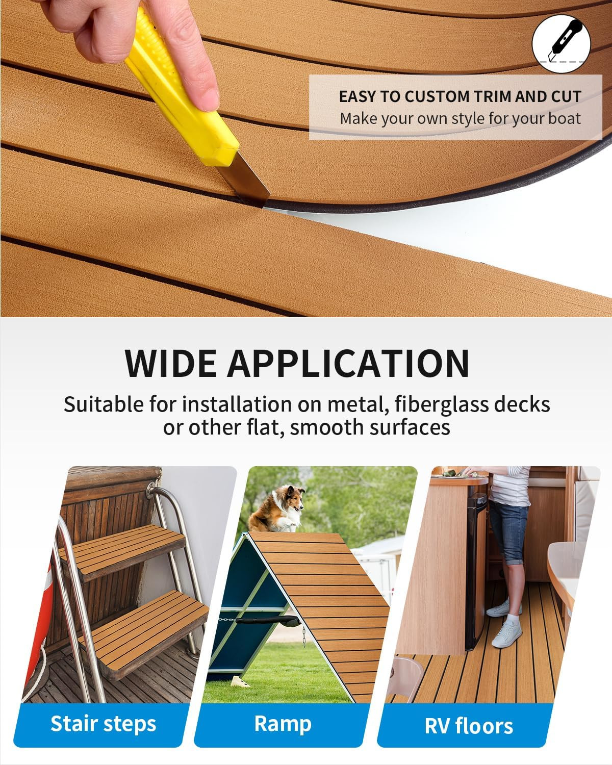 Boat Flooring EVA Foam Self-Adhesive Faux Teak Marine Decking | Double-Layer, No