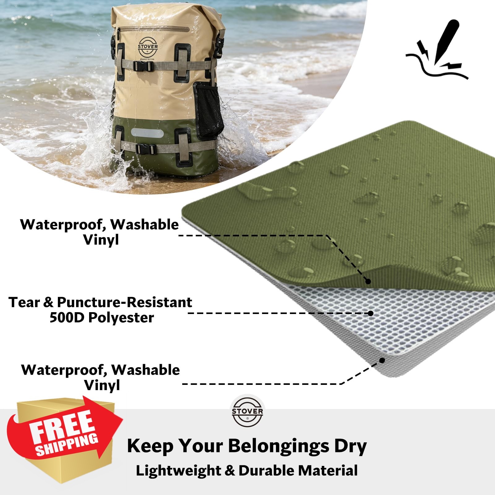 STOVER 40L Dry Backpack Tan/Army Green/Brown