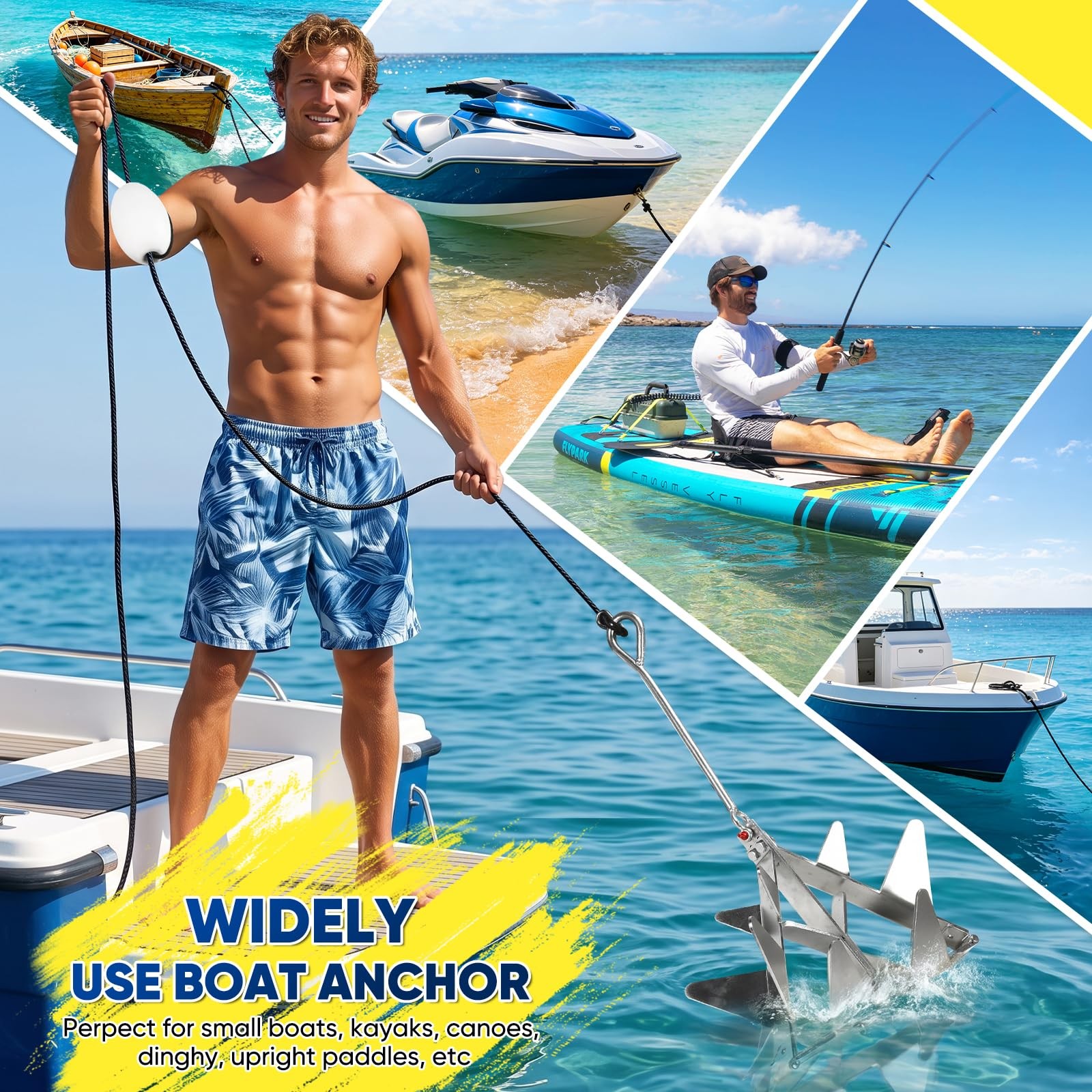 9 lb Galvanized Steel Boat Anchor Kit Folding for Small and Medium Boats