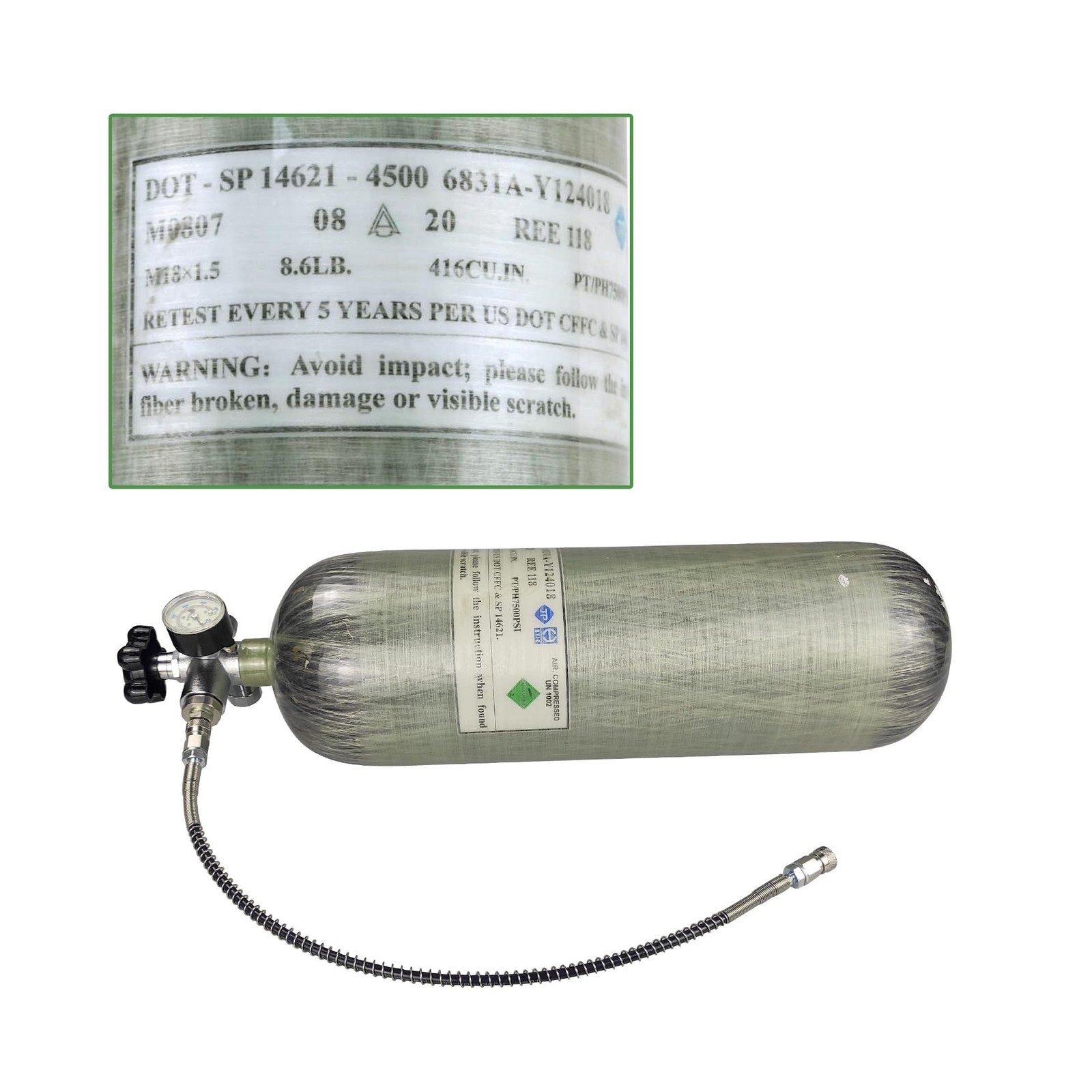 6.8L/416 Cu.in DOT Carbon Fiber Cylinder 74 Cu Ft 4500 PSI Tank Air Filling S…