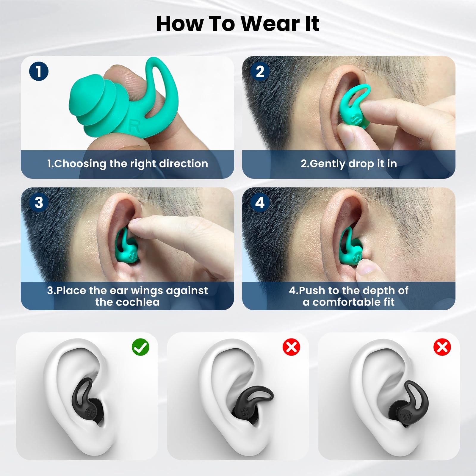 Waterproof Ear Plugs for 1 pair (Pack of 4), Black, Blue, Yellow, Green