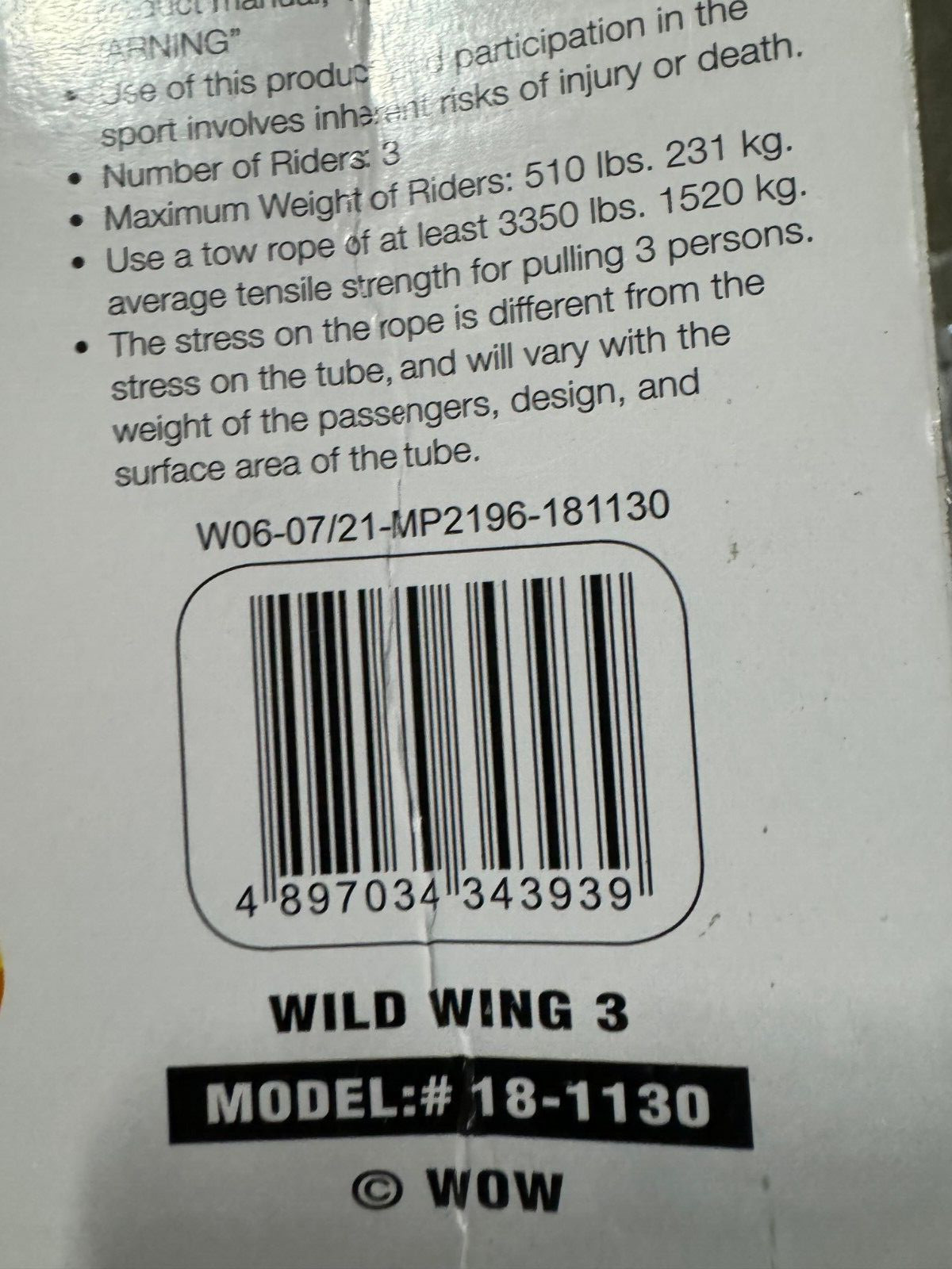 WOW Wild Wing Inflatable Raft, 3 Person Front Back Tow Points, 18-1130