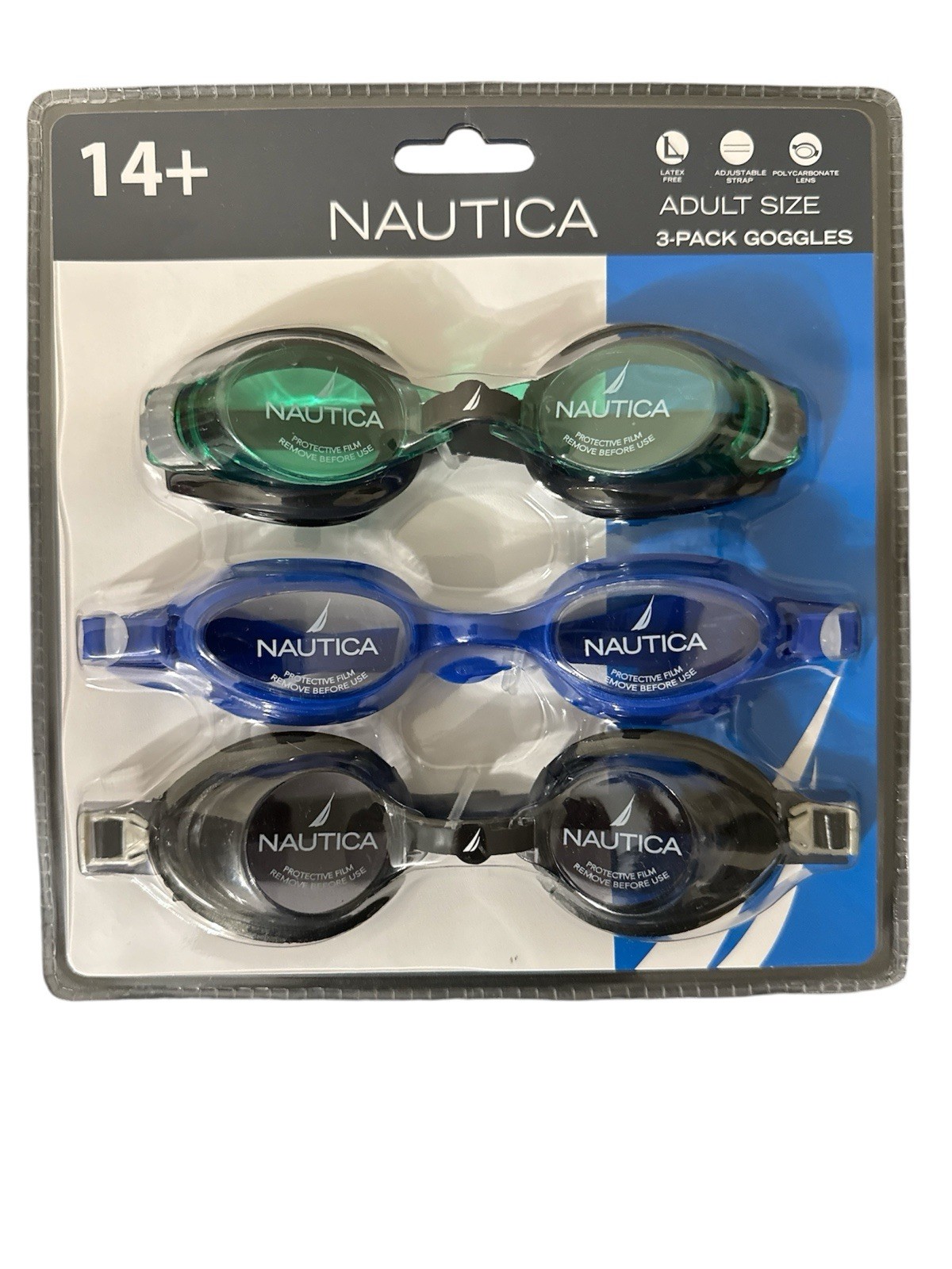 Nautica Adult Size Swimming Goggles 3 Pack Latex Free Polycarbonate Lens 14+ ✅
