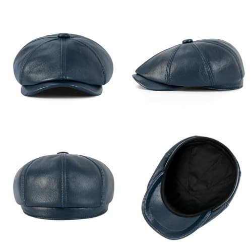 Men Women Genuine Newsboy Leather Cap 8 Panel Gatsby Ivy Hat 7 1/4 Navy