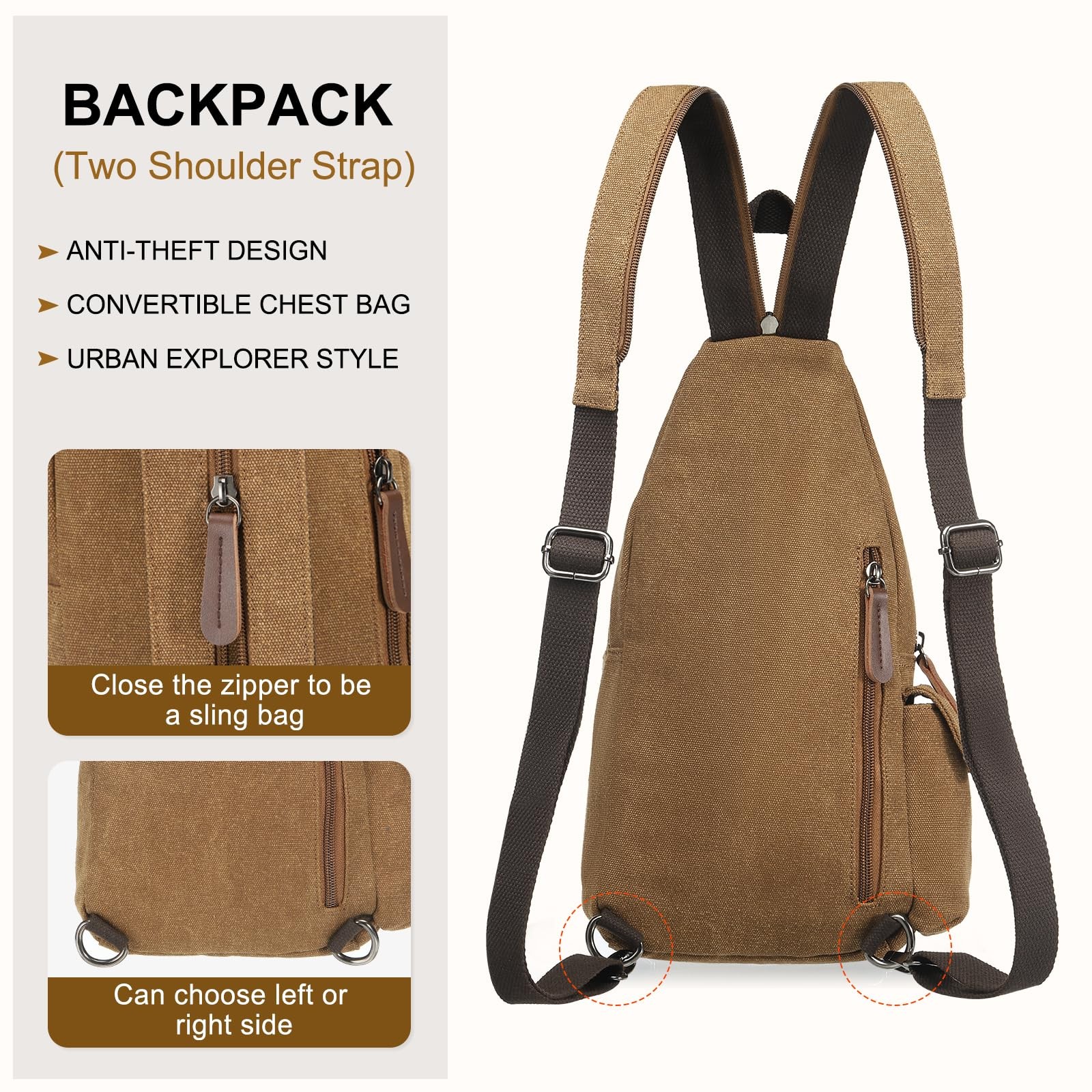 SUIKIHUM Canvas Sling Bag for Women 9.5×13.4×4.7 inches/24x12x34 cm, Coffee