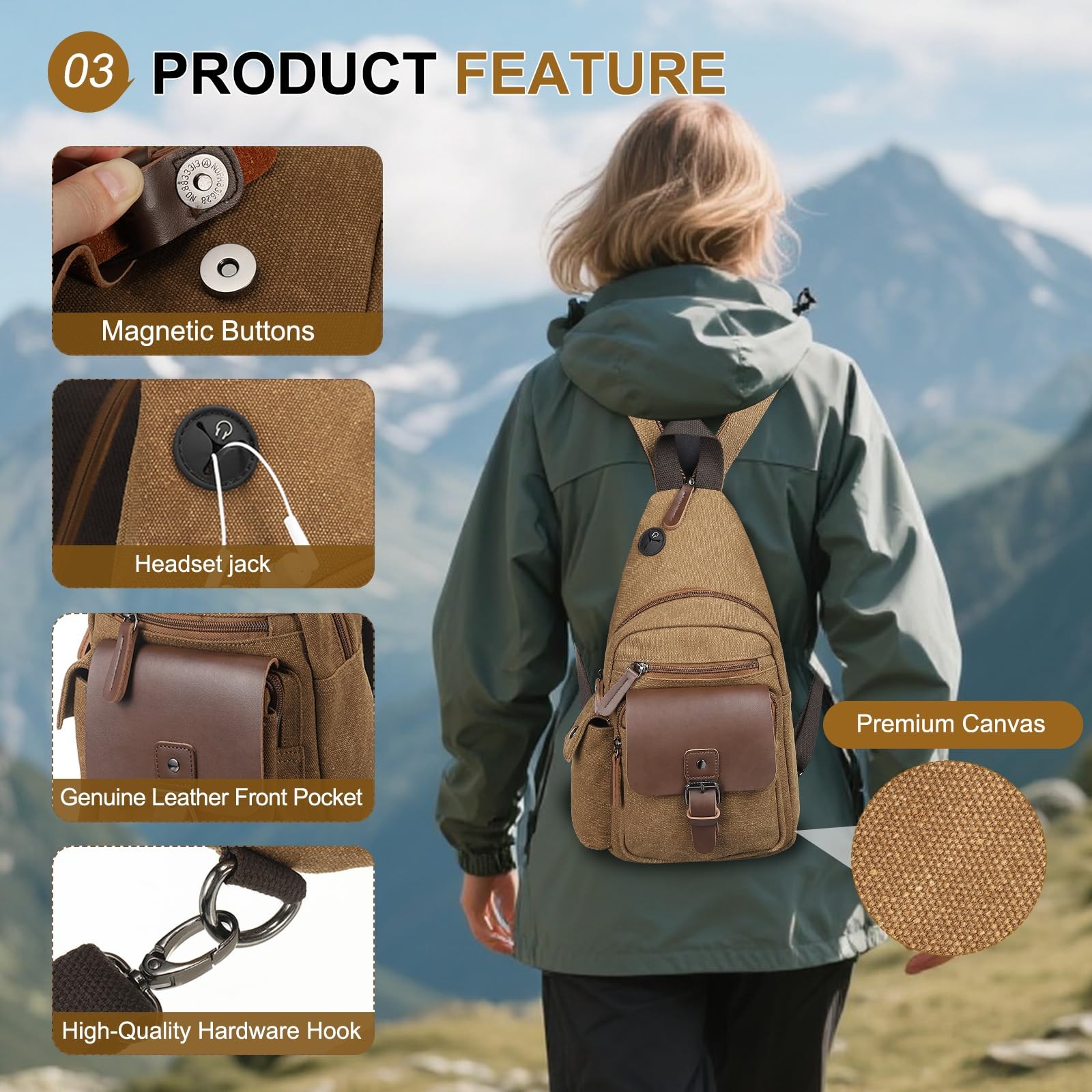 SUIKIHUM Canvas Sling Bag for Women 9.5×13.4×4.7 inches/24x12x34 cm, Coffee