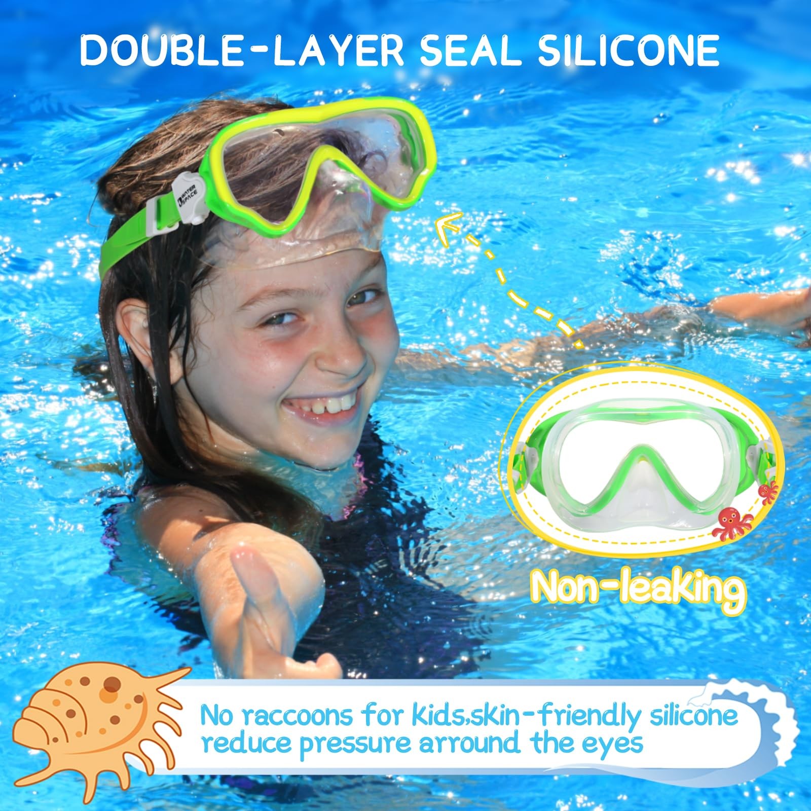Water Space 2 Packs Kids Swim Goggles for One Size, Green & Yellow (2 pack)