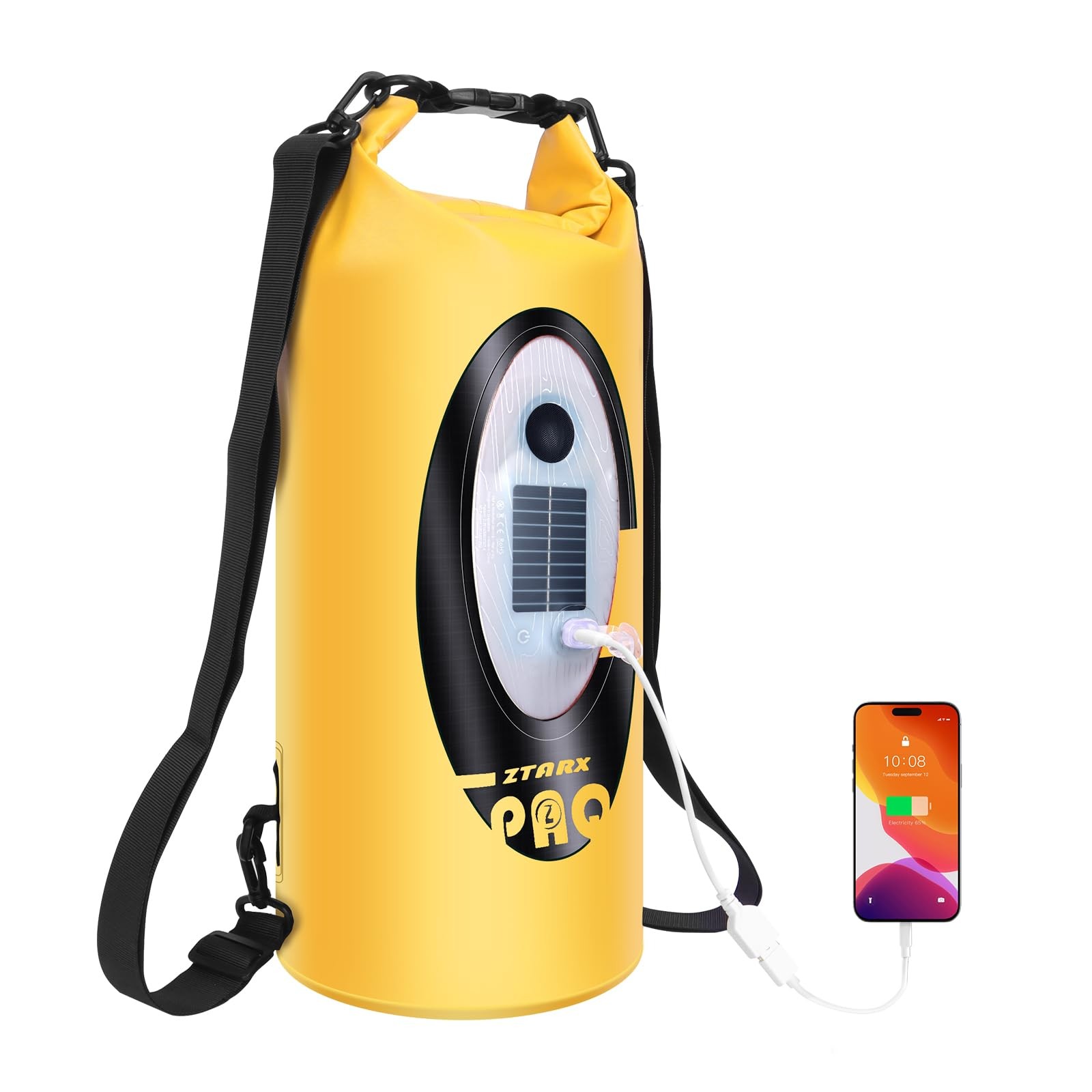 Solar Battery Powered Backpack Bluetooth Speaker IP66 Waterproof Yellow 10L