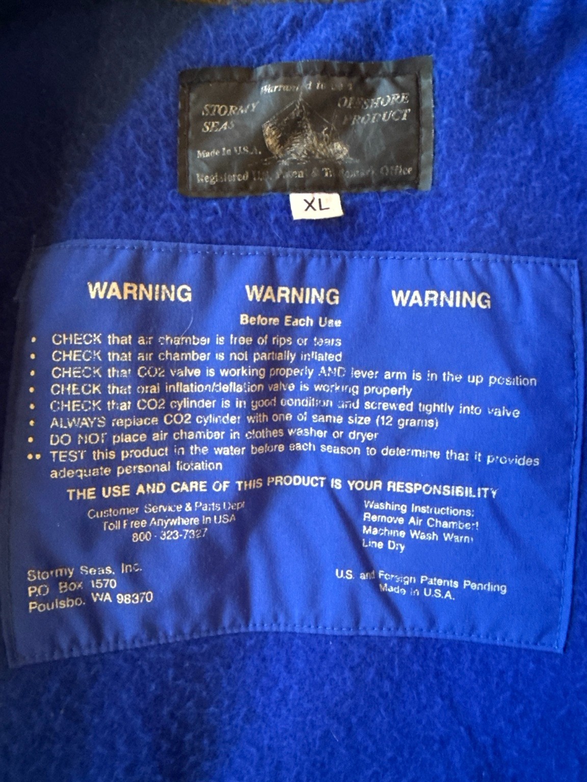 Vintage Stormy Seas Inflatable Flotation Jacket XL Blue Gray USA Fishing