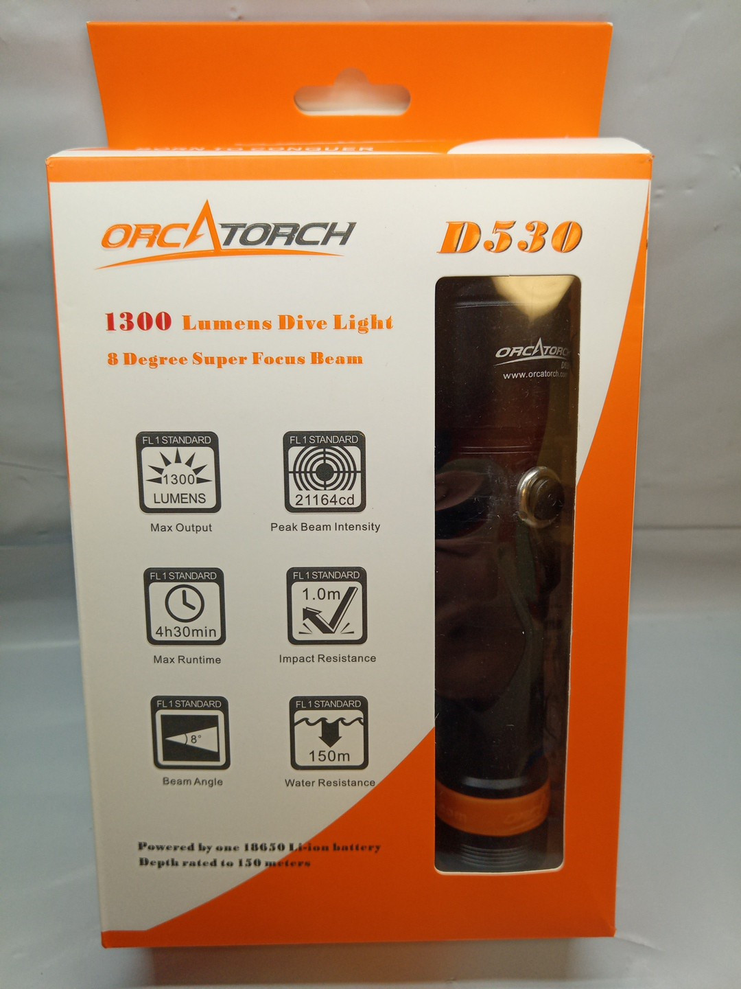 ORCATORCH D530 Scuba Dive Light, 1300 Lumens, 8 Degrees Narrow Beam 150 M
