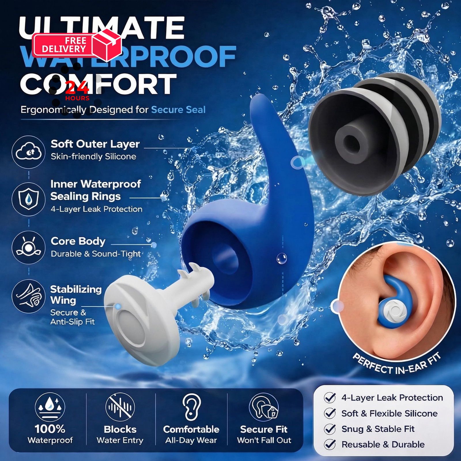 Waterproof Swimming Ear 1 pair (Pack of 3), Adults-lanyard-black ,Purple