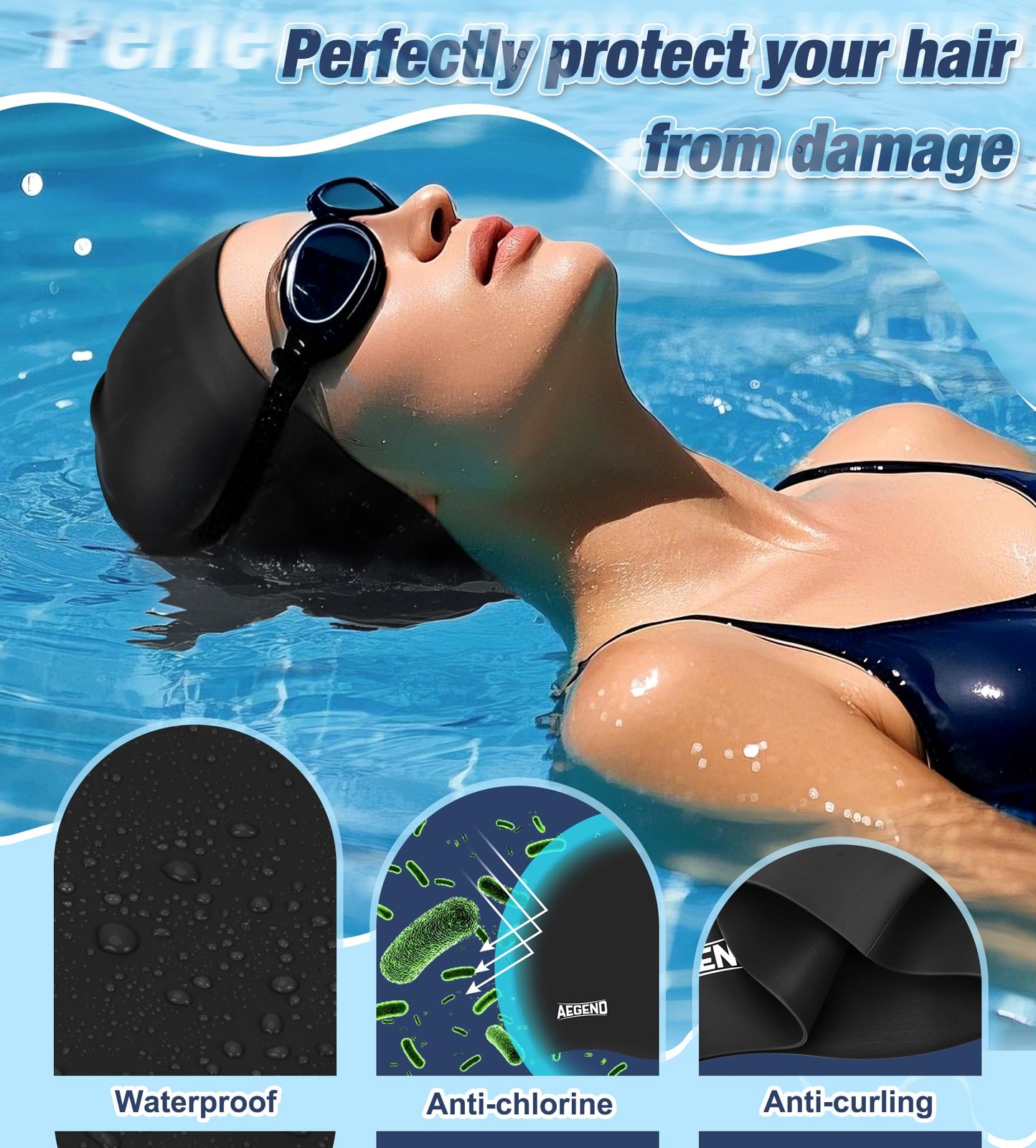 Aegend Swim Caps for Long Hair, Durable Silicone One Size, 1 Pack – Black