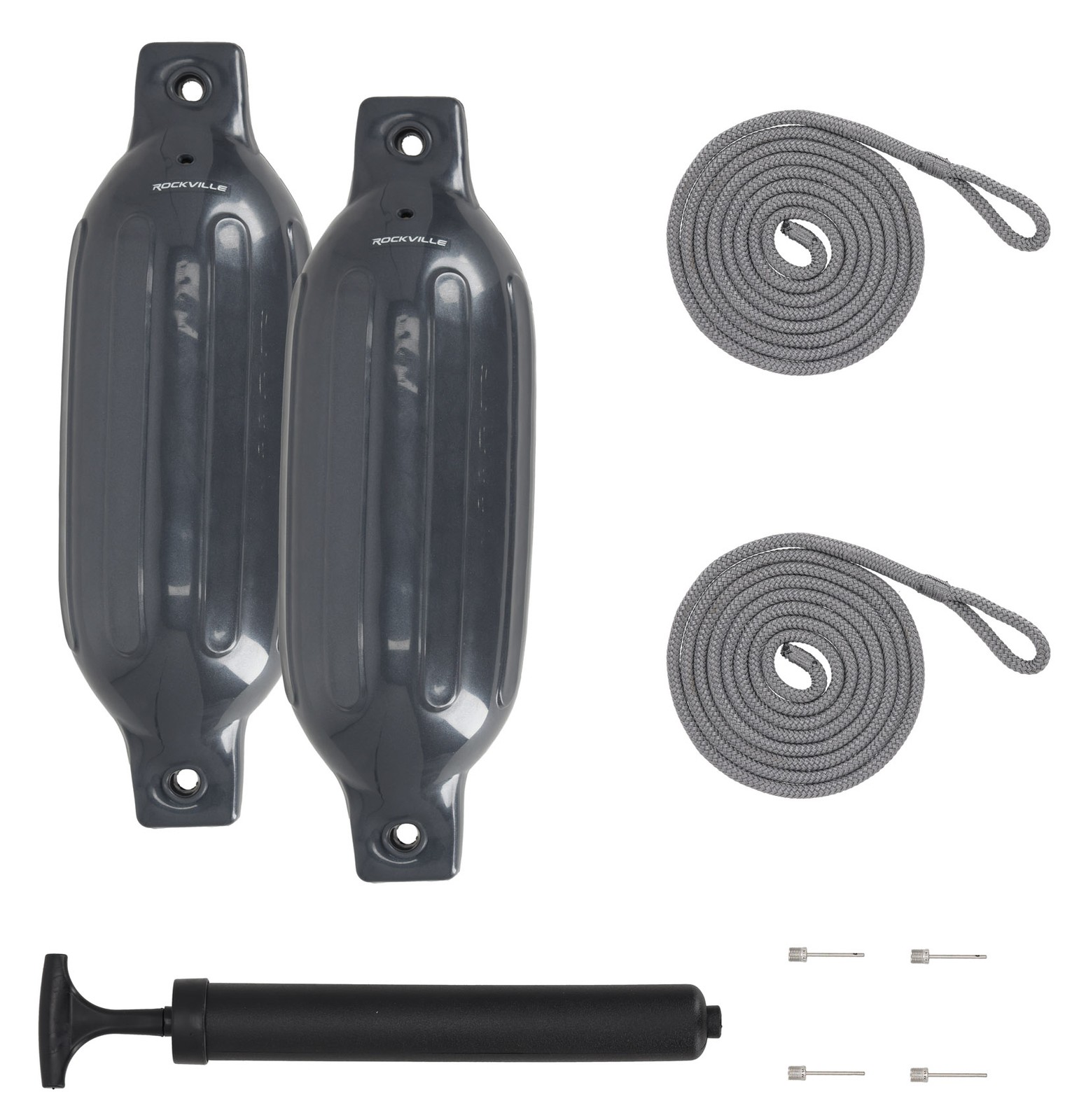 Rockville FEN245-GREY Boat Fender Package 2 Bumpers 4.5″x16″, 2 Lines + Pump
