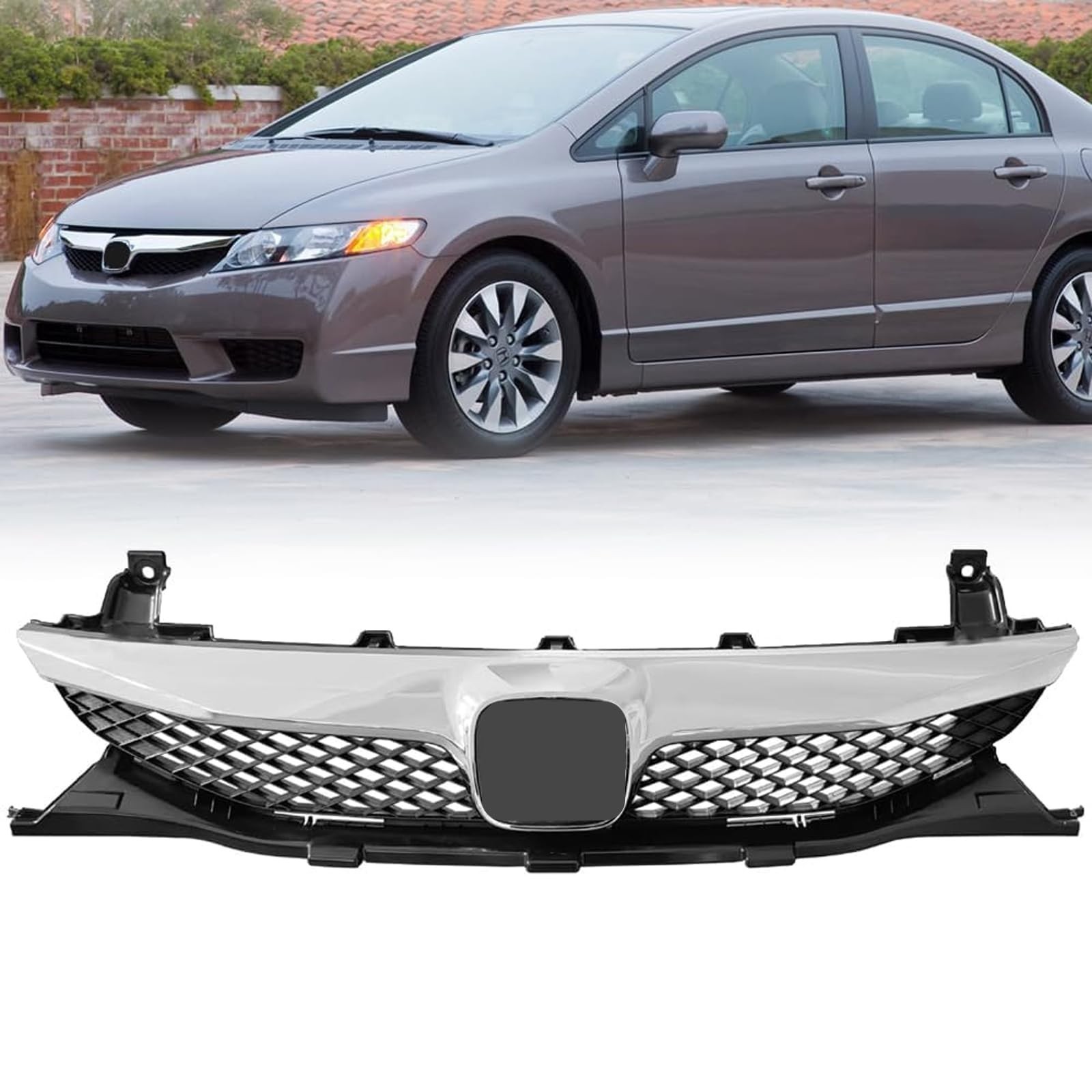 Front Bumper Grille For Honda Civic 4 Door Sedan Black With Chrome Trim Grill…