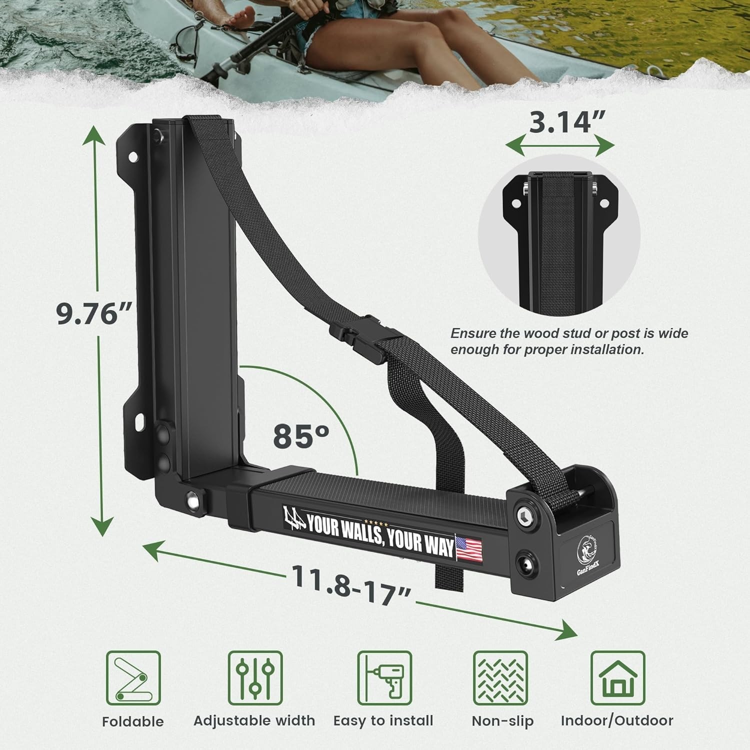 2PCS Foldable Kayak Wall Mount Rack 11.8-17″ Heavy Duty for Canoe SUP