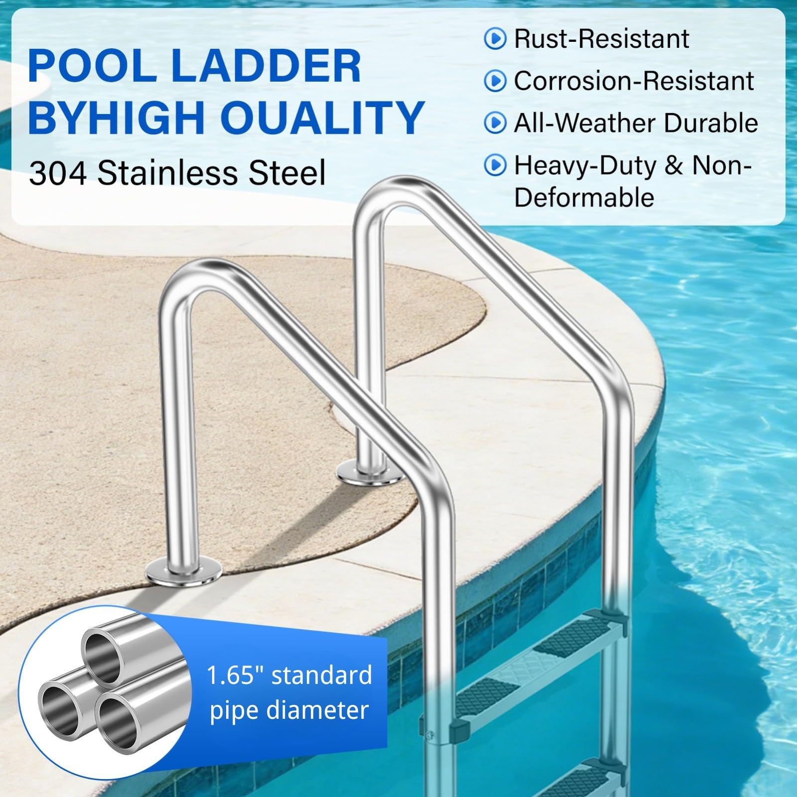 Swimming Pool Ladder 3-Step 304 Stainless Steel Non-Slip Rubber Pads Supports