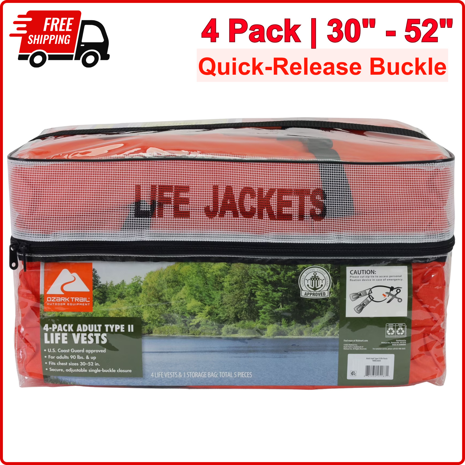 4-Pack Life Vest Adult Type II PFD Jackets Orange Fishing Boating USCG with Bag