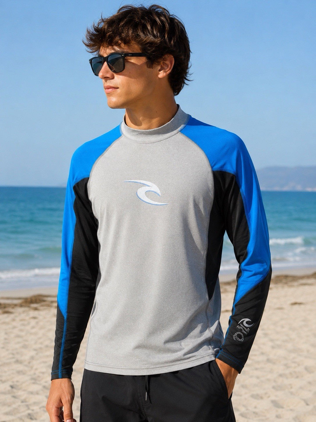Rip Curl Men’s Medium Long Sleeve Rash Guard UV Surf Shirt Gray Blue Black NWOT