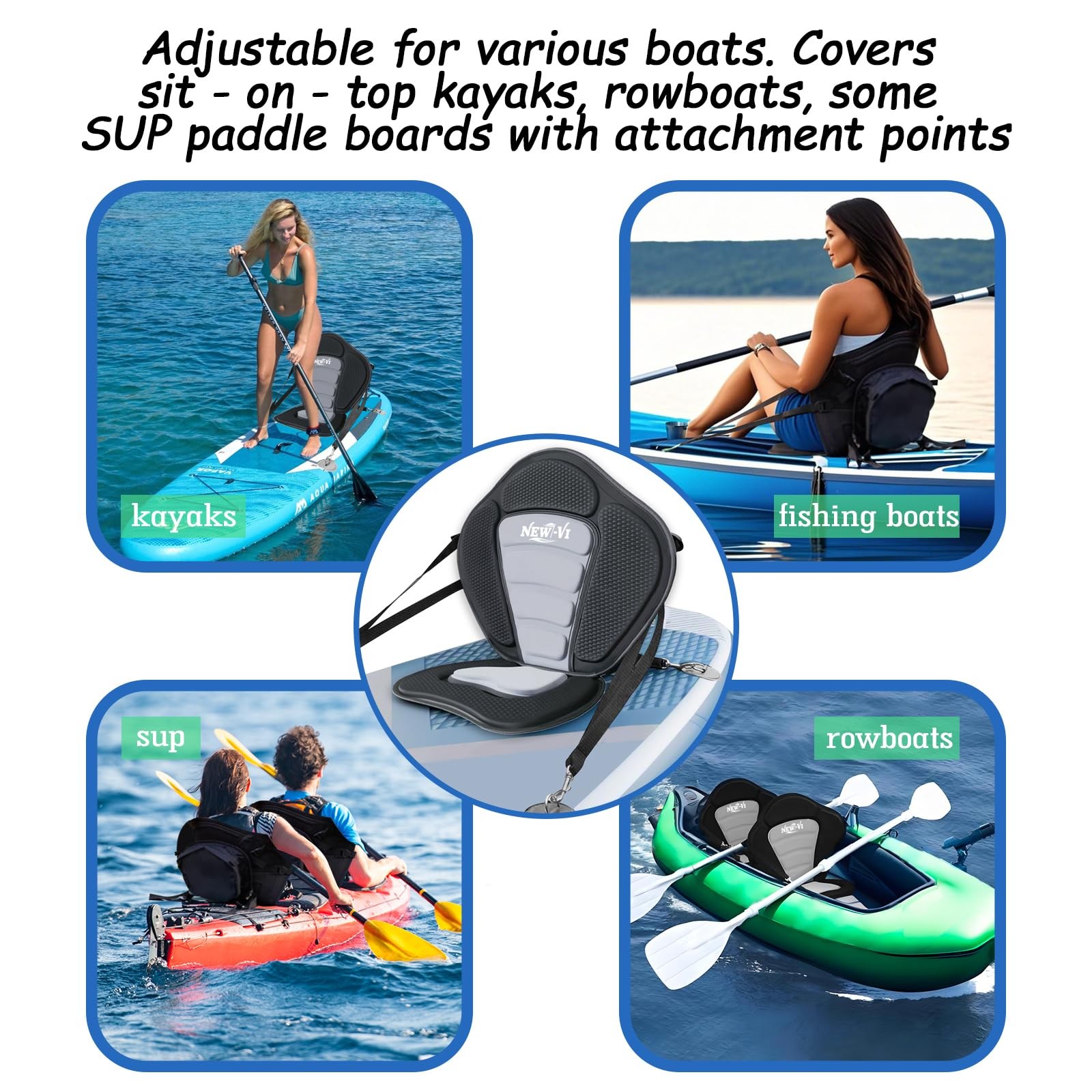 NEW-Vi Universal Deluxe Detachable Kayak Seat Paddle Board Black/Gray