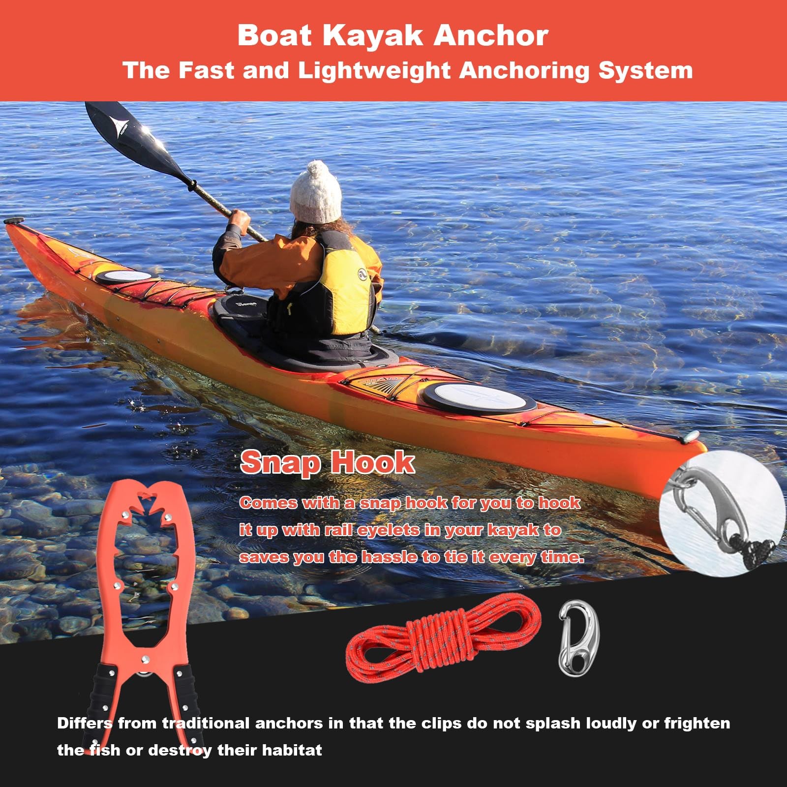 2 Piece Kayak Anchor Grip Clamp with 16.4ft Paracord Snap Hook, Boat Anchor C…