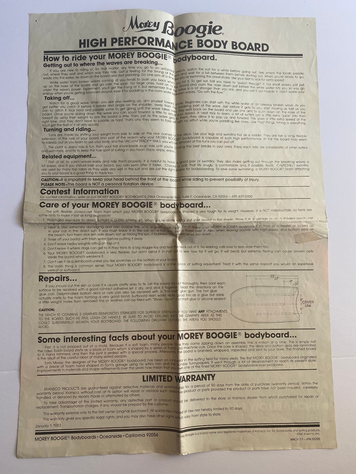 Vintage 1980s Morey Boogie Board Bodyboard Mach 7-7 Instruction Sheet Poster