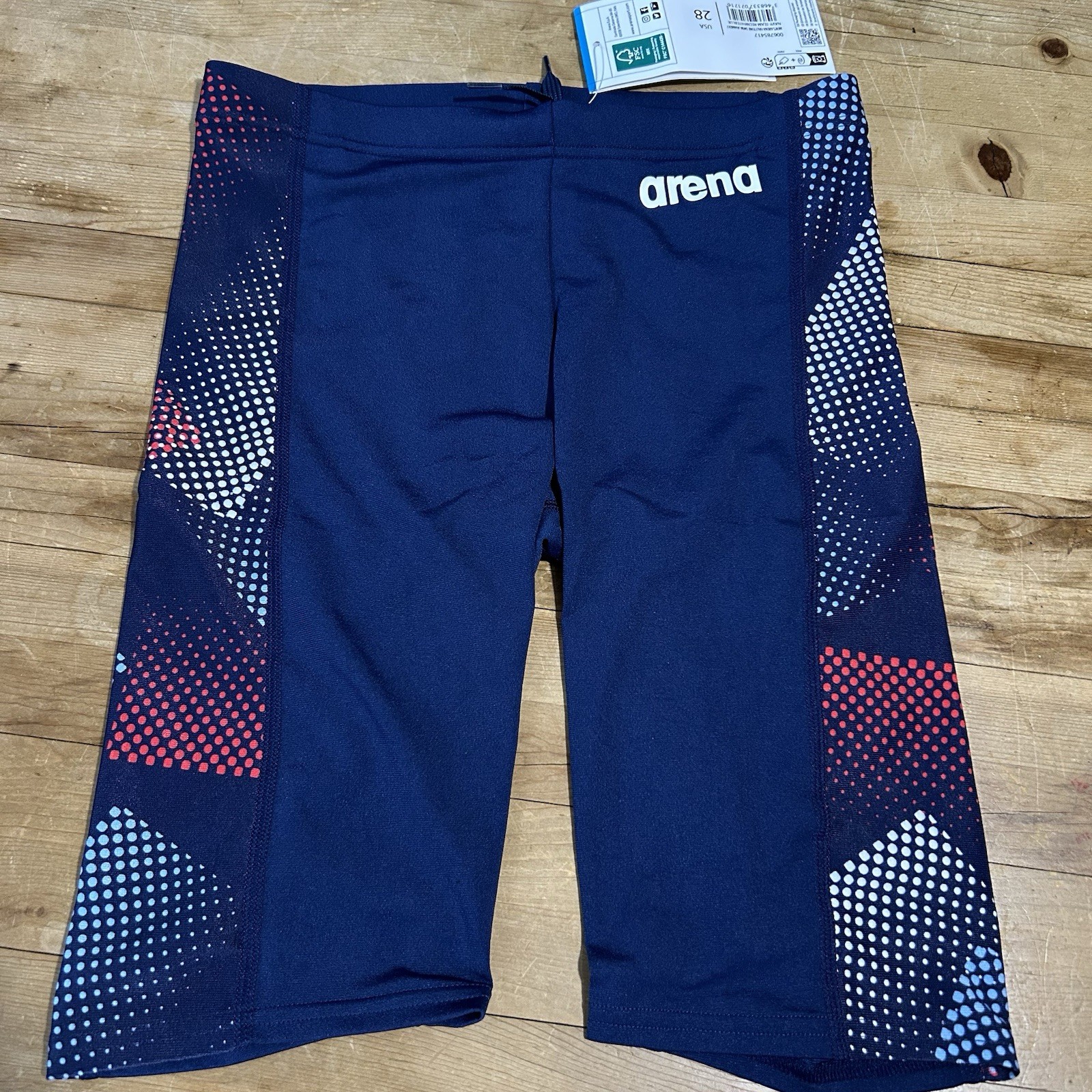 Arena Performance Men’s Halftone Swim Jammer Team Navy Blue Red White Size 28