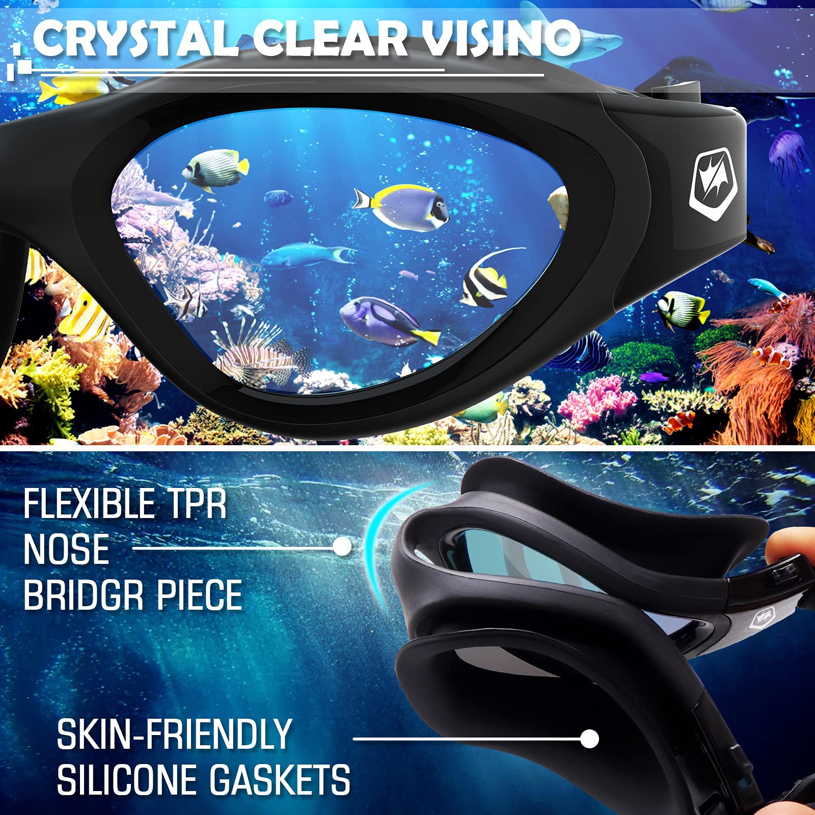 WIN.MAX Swimming Goggles Swim Pool 5.6 x 1.7 inch, All Black-clear