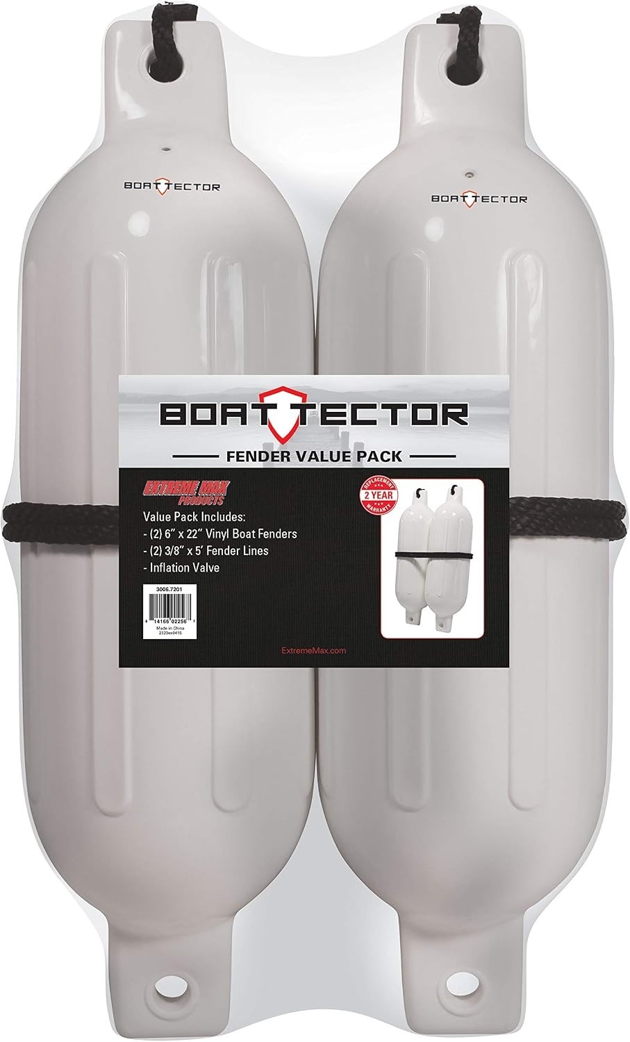 2-Pack BoatTector Inflatable Fenders 6.5″ x 22″ – UV Resistant White