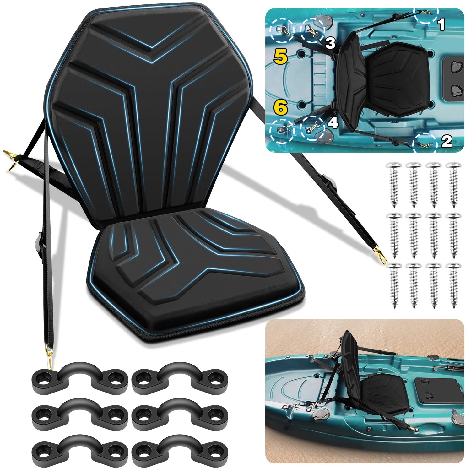 HLOGREE 6-Point Attachment – Thick Padded Kayak Seat Cushion Thicken, BLACK