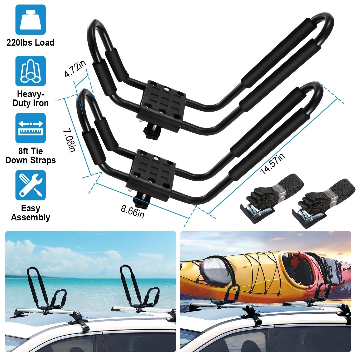 1Pair Universal Kayak Roof Rack Bar Rack Carrier Surf Ski Top Mount SUV Crossbar