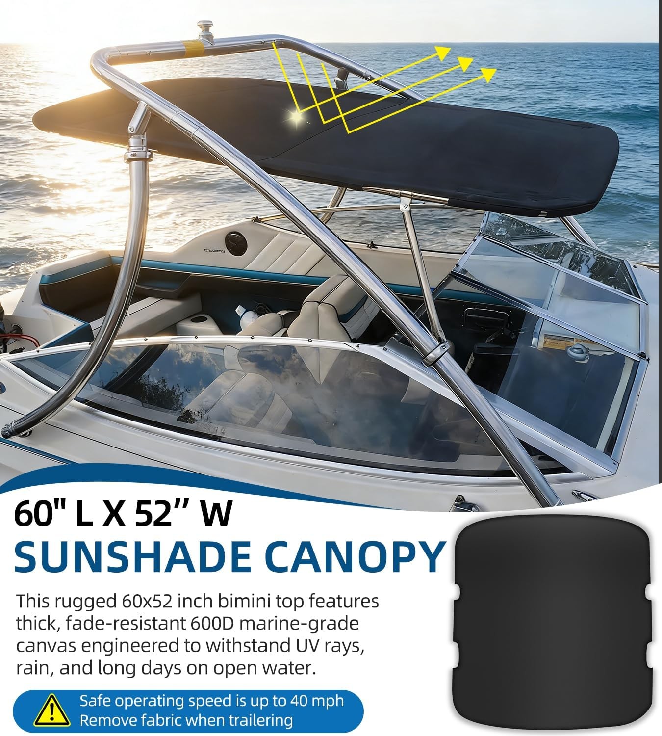 Universal Wakeboard Tower Mounted Flat Cargo Bimini Top Cover 600D Canvas Frame-