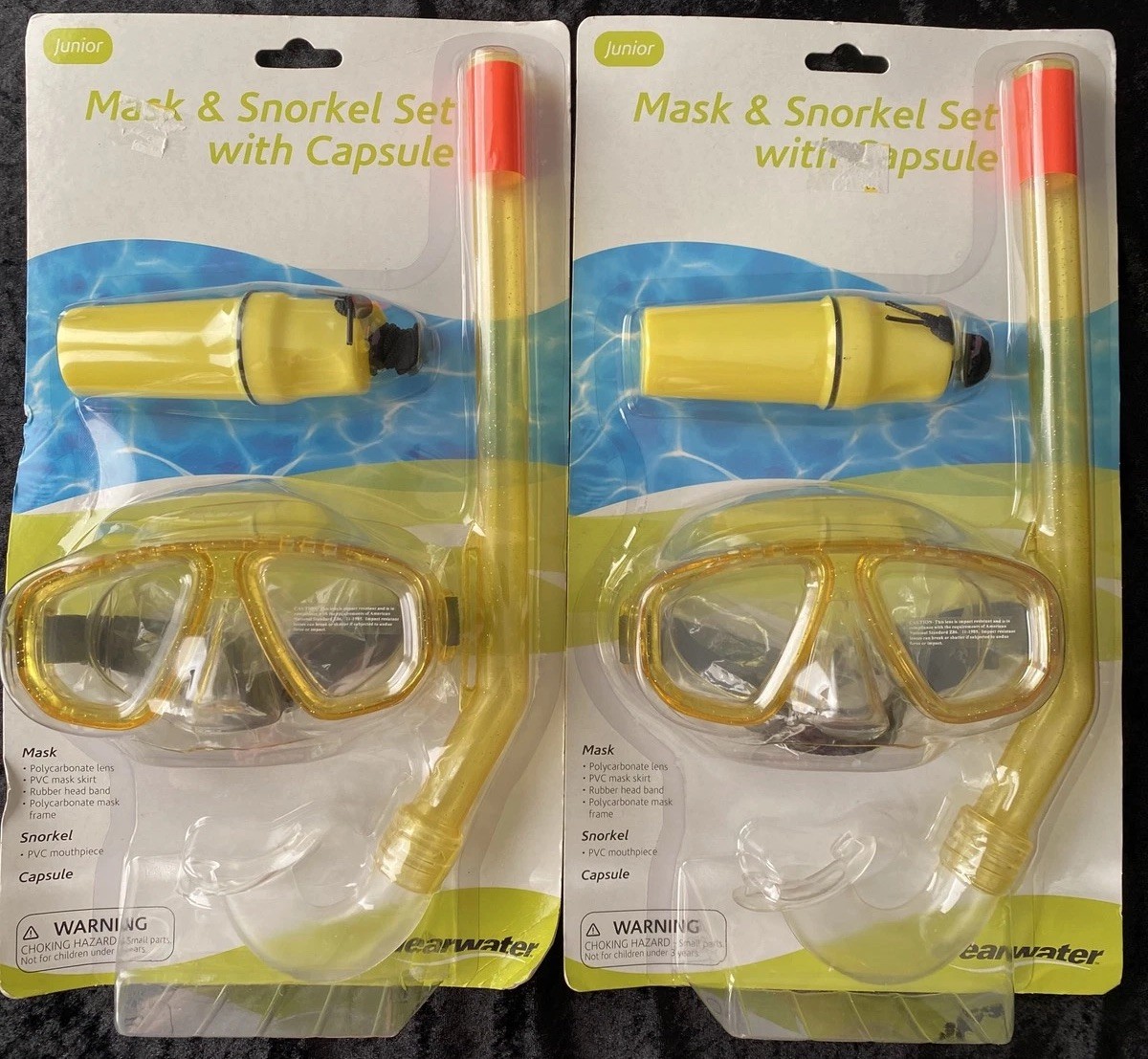 Pair Clearwater Junior Mask 5.5”w Snorkel 13.5” Set Capsule Yellow Kids Swimming