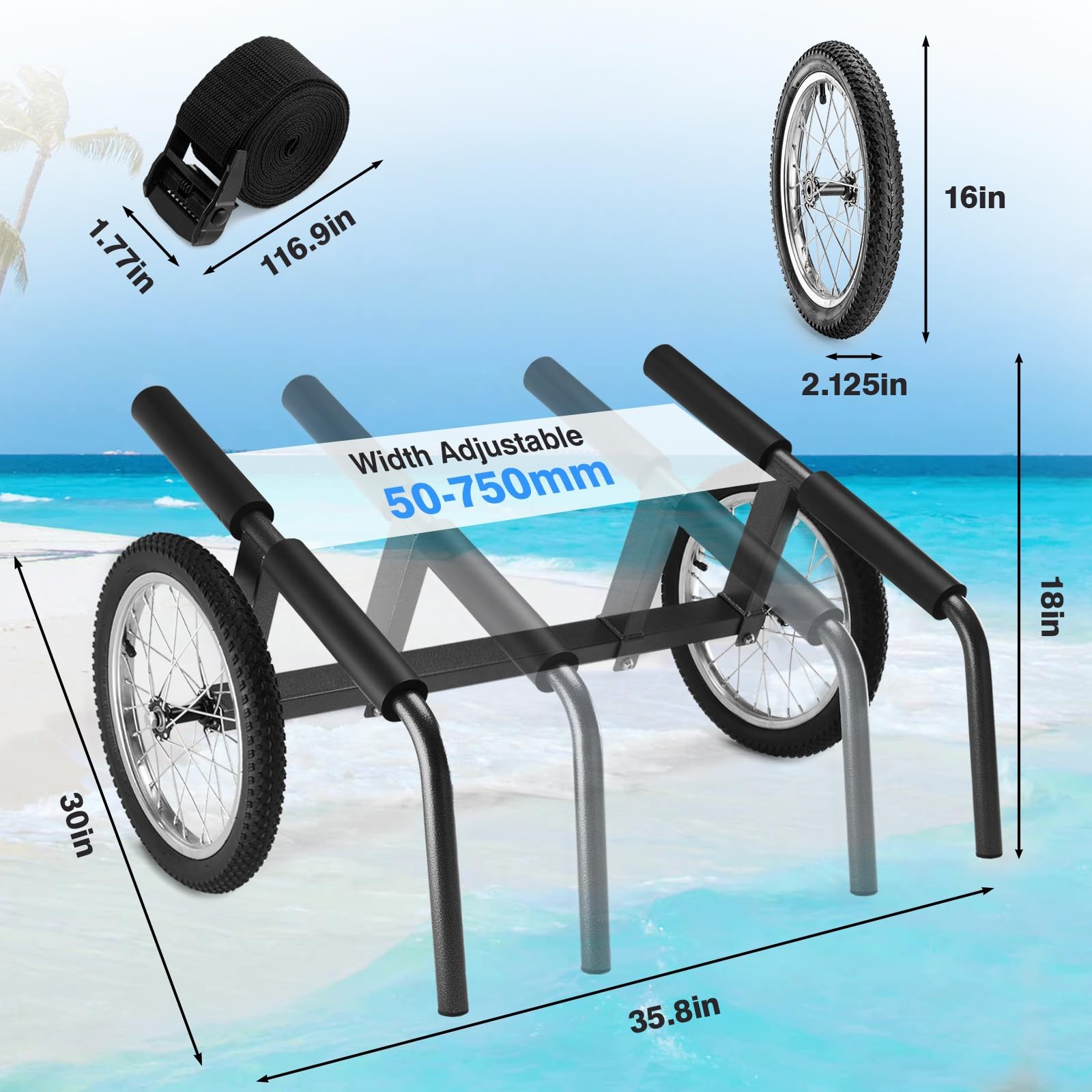Kayak Beach Cart, Width Adjustable 5.5″-29.5″ Universal Canoe Dolly Heavy Dut…