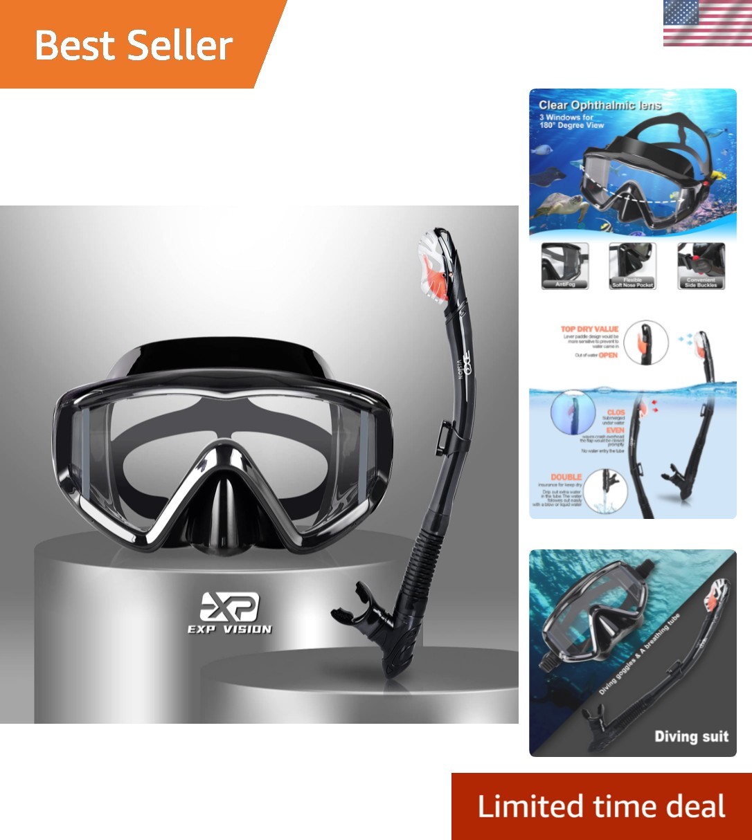 Snorkel Set Pano 3 Window Adult Snorkeling Gear, Professional Snorkel Goggles…