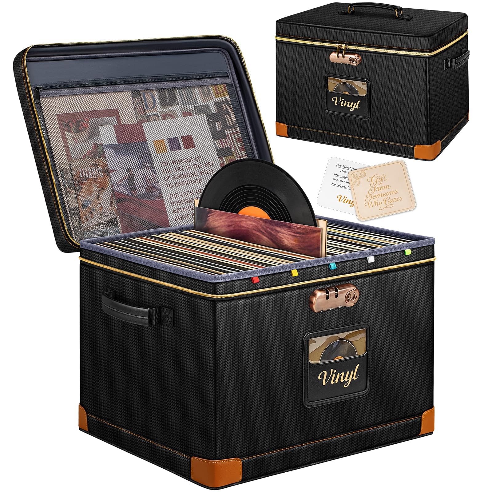 DEEGO Vinyl Record Storage Box with Lock, 17 x 13 x 13 inches, BLACK