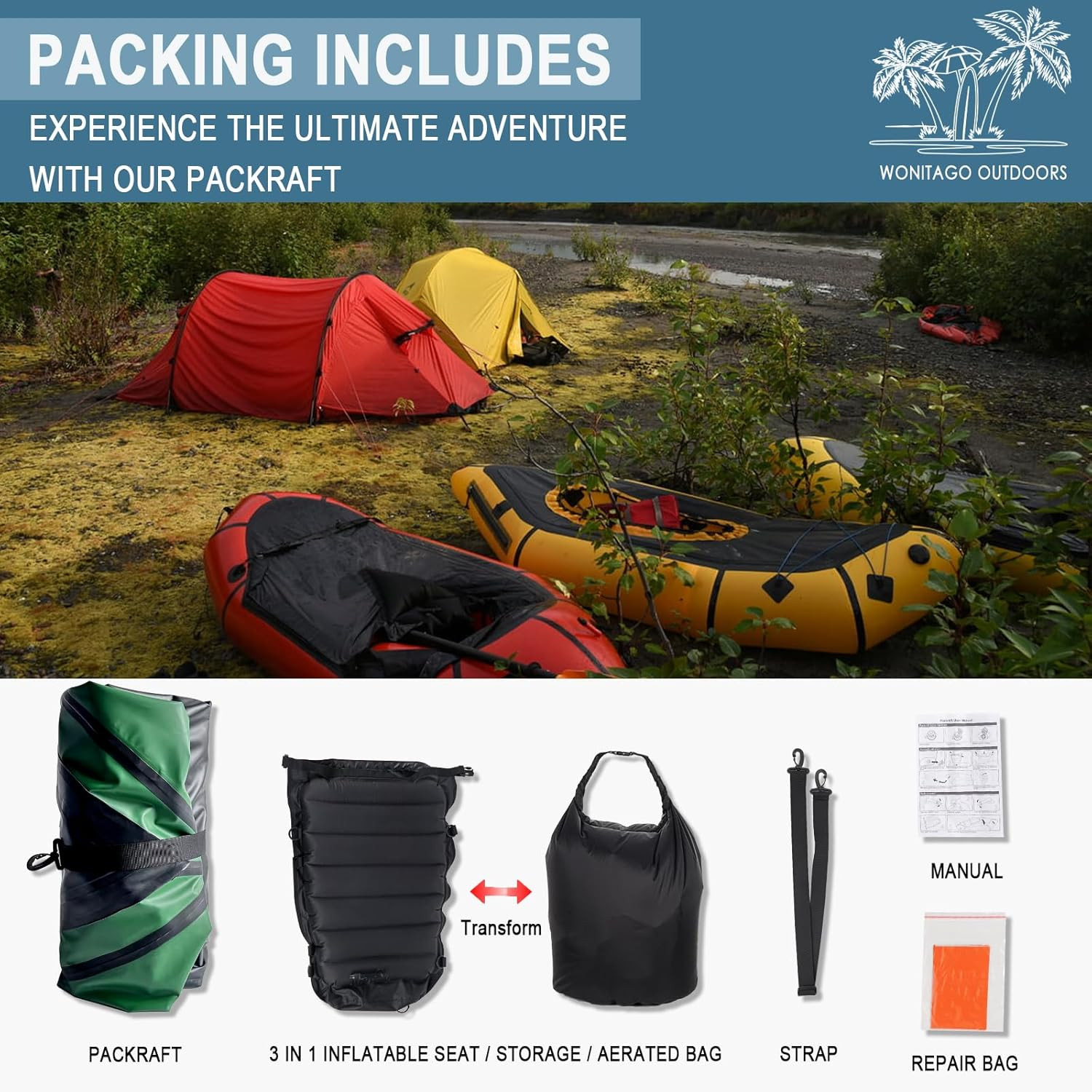 Packraft TPU Inflatable Travel Kayak with Soft Seat Lightweight Packrafts for Fl
