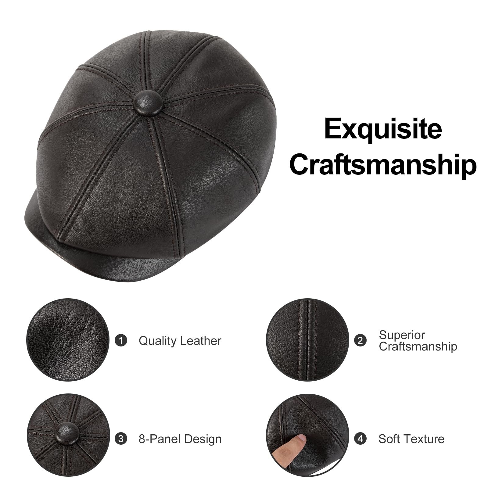 VOBOOM Men Women Genuine Newsboy Leather Cap 8 Panel Gatsby Ivy Hat Dark Brown