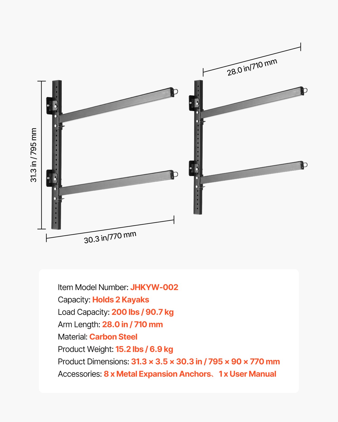 VEVOR Kayak Storage Rack Wall Mounted Kayak Rack 2 Kayaks 200 lbs Paddleboard